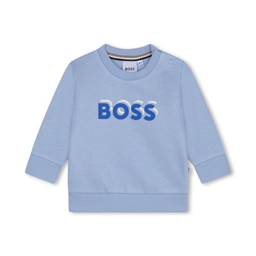 BOSS Kidswear light blue crew-neck sweatshirt with logo print, available at Lestyle Boutique.