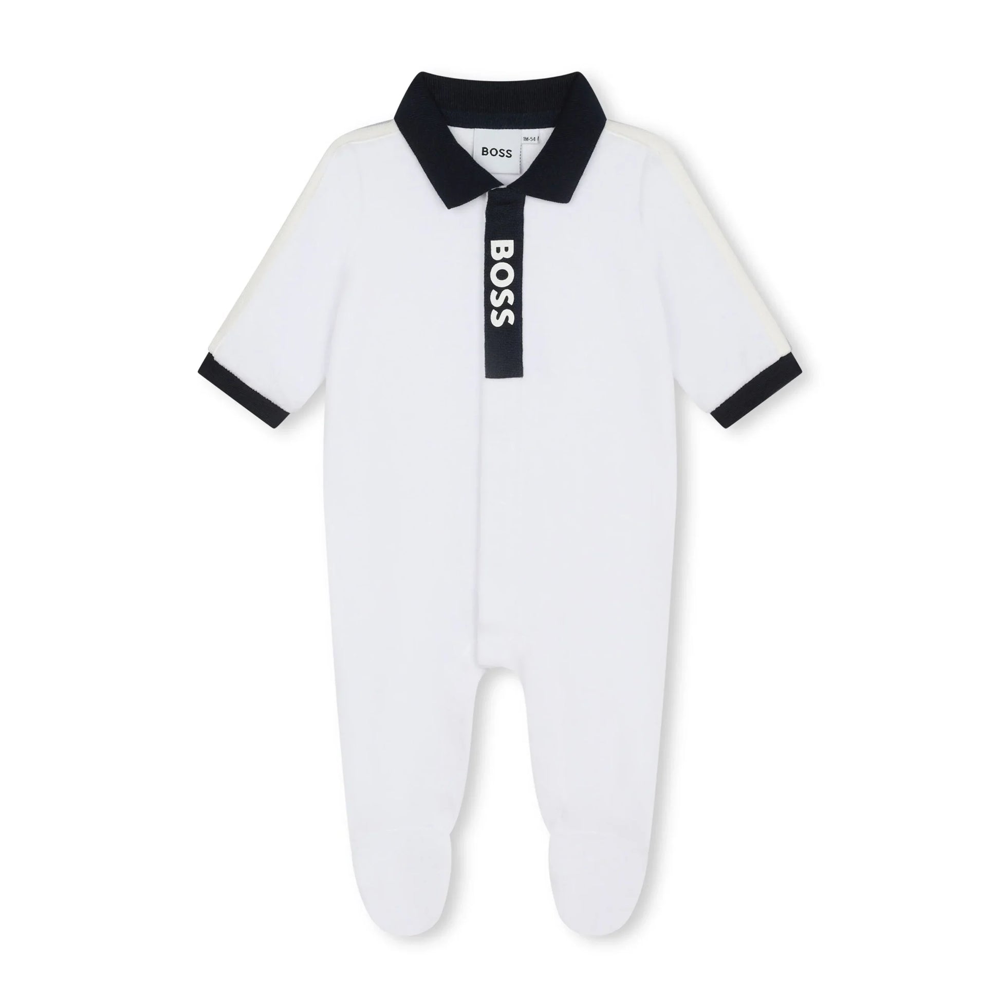Luxurious BOSS Kidswear white velvet pajamas featuring a stylish contrasting collar and logo print. Designed for ultimate comfort, these premium pajamas offer full foot coverage and convenient press-stud fastenings, making them ideal for easy dressing. Perfect for keeping your little one cozy during sleep, these designer pajamas are a must-have for any child's wardrobe, available at Lestyle Boutique Melbourne.