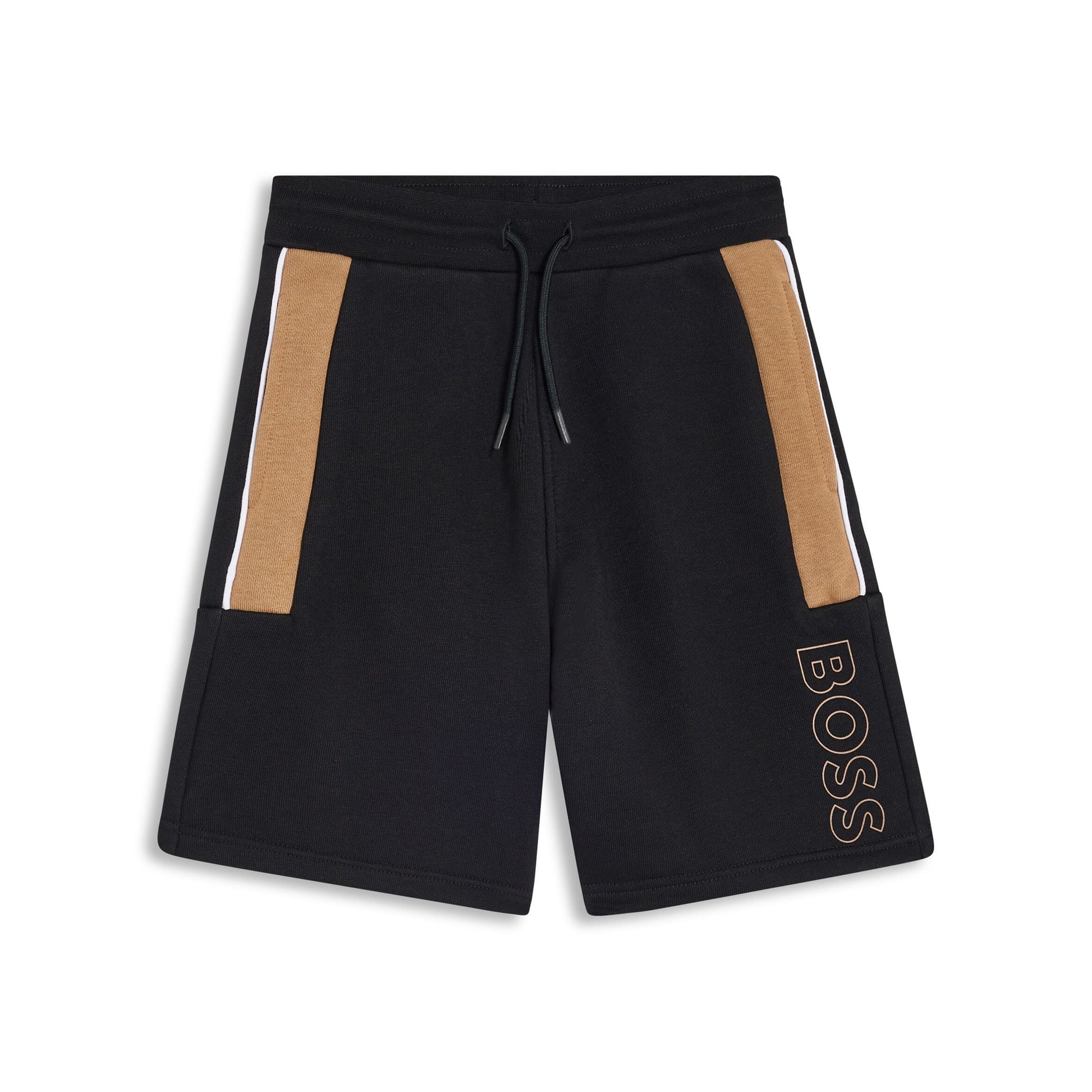 BOSS Kids black and beige logo-print track shorts, available at Lestyle Boutique Melbourne.