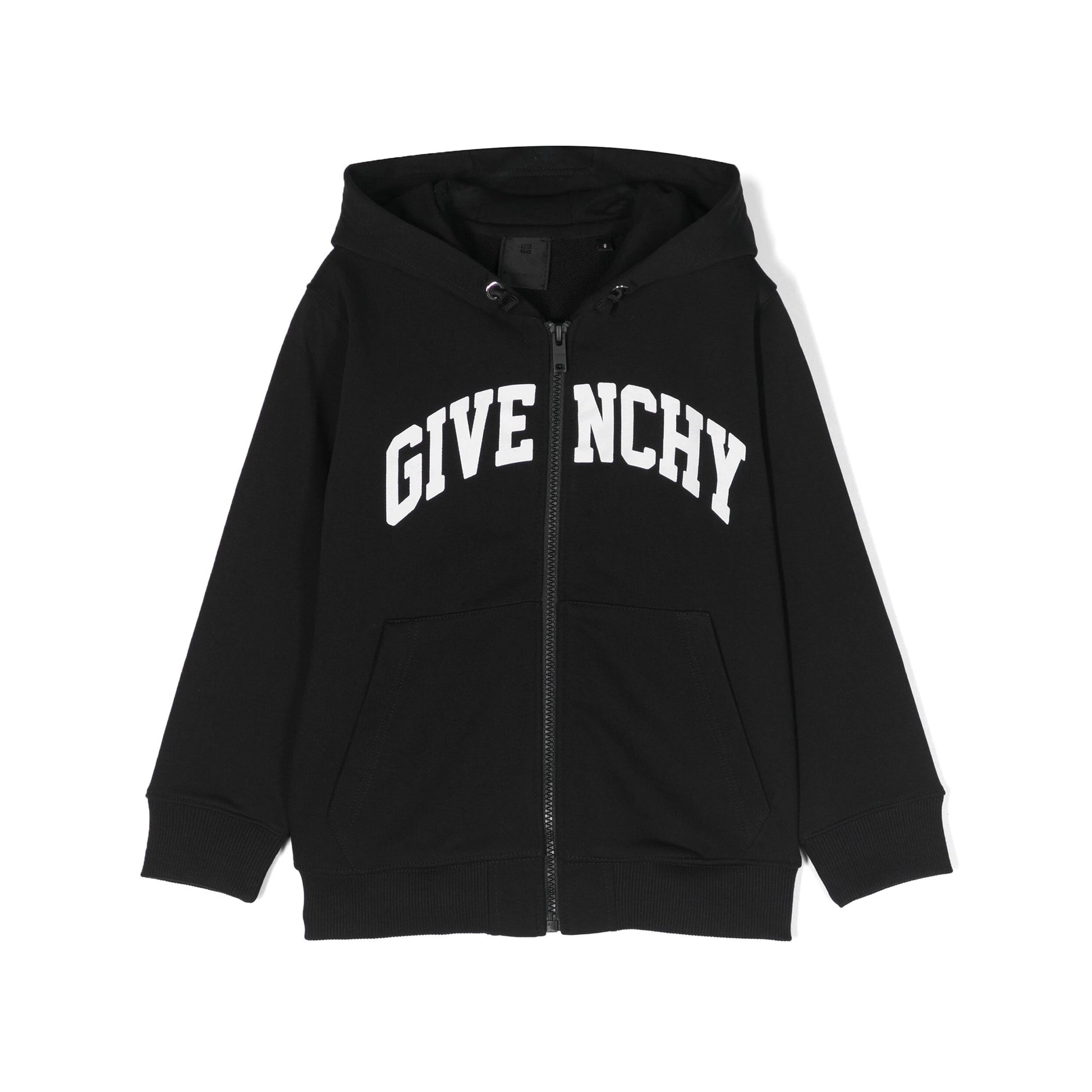 Black Givenchy Kids logo-print zip-up hoodie featuring a drawstring hood and pouch pockets, available at Lestyle Boutique Melbourne.