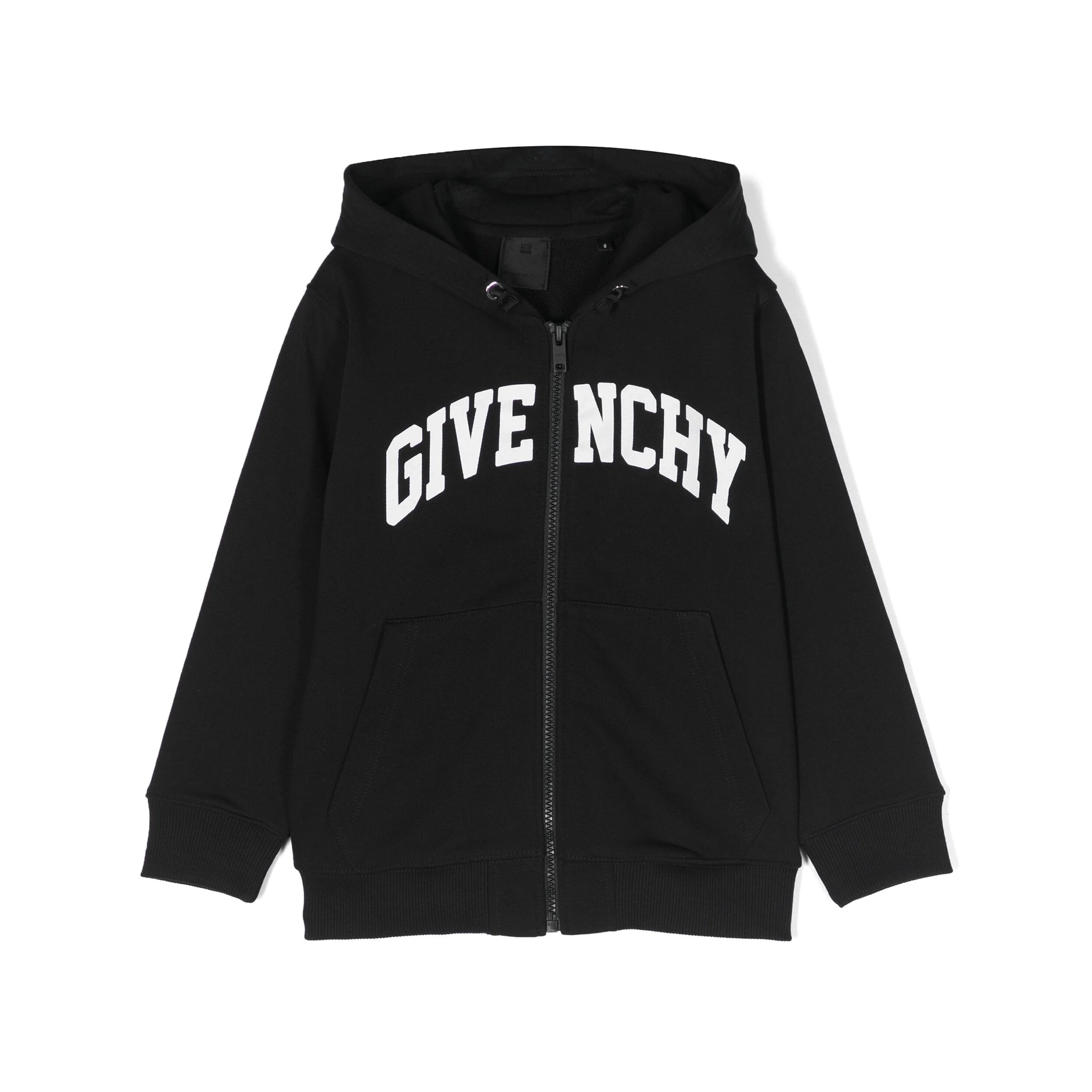 Black Givenchy Kids logo-print zip-up hoodie featuring a drawstring hood and pouch pockets, available at Lestyle Boutique Melbourne.