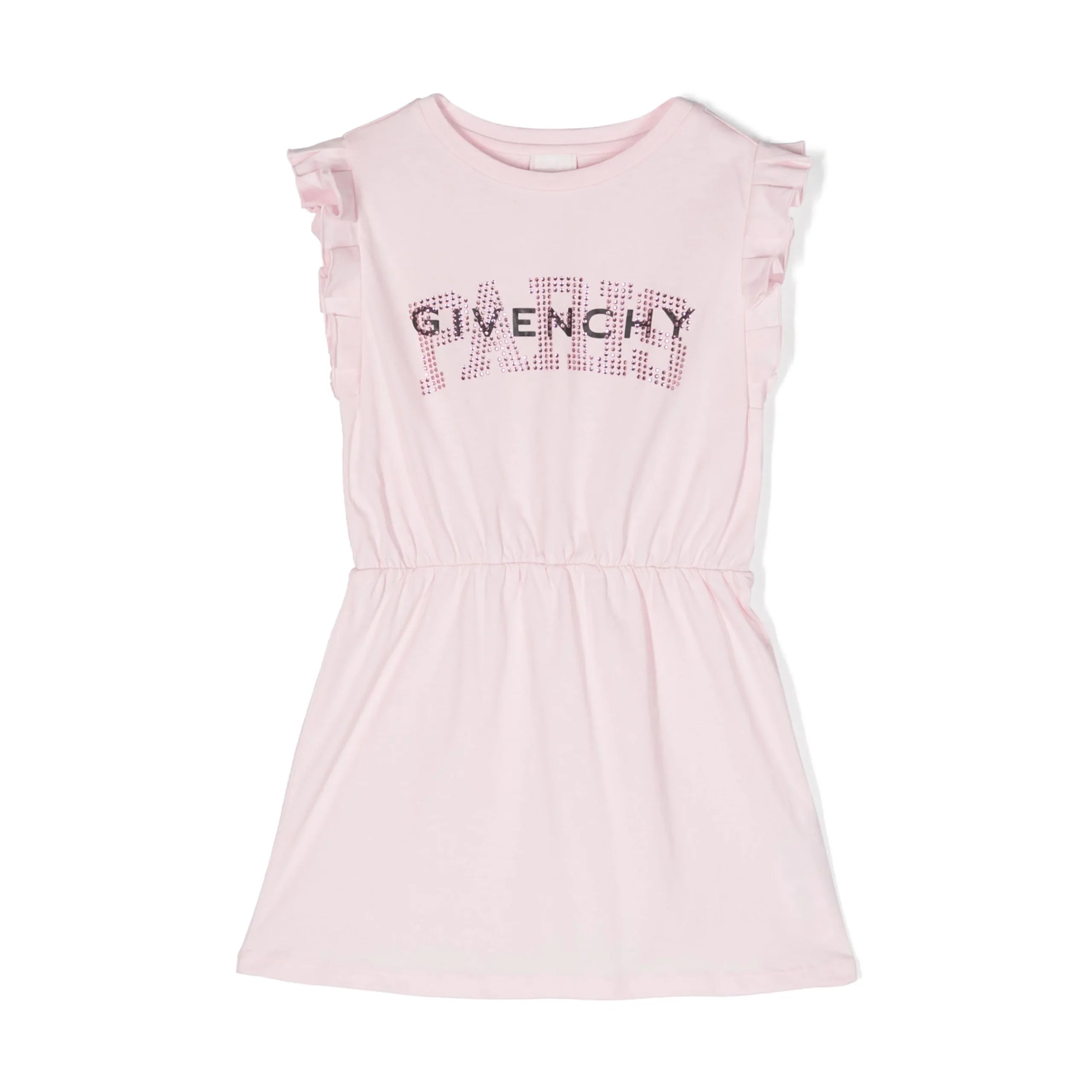 Pink Givenchy Kids rhinestoned ruffled logo-print dress with a flared skirt, available at Lestyle Boutique Melbourne.