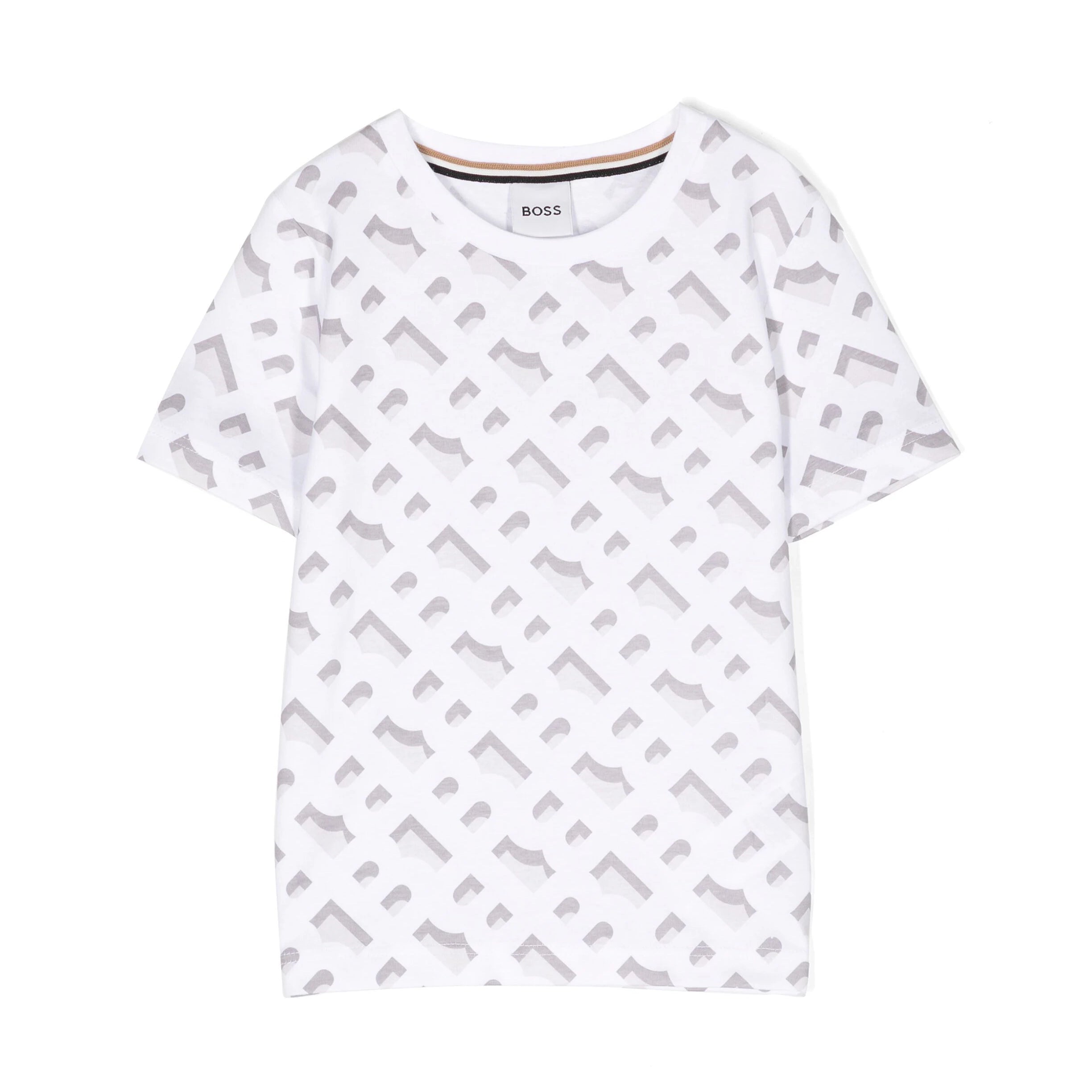 BOSS Kidswear logo-print cotton T-shirt in white, showcasing a stylish all-over logo pattern, available at Lestyle Boutique Melbourne.