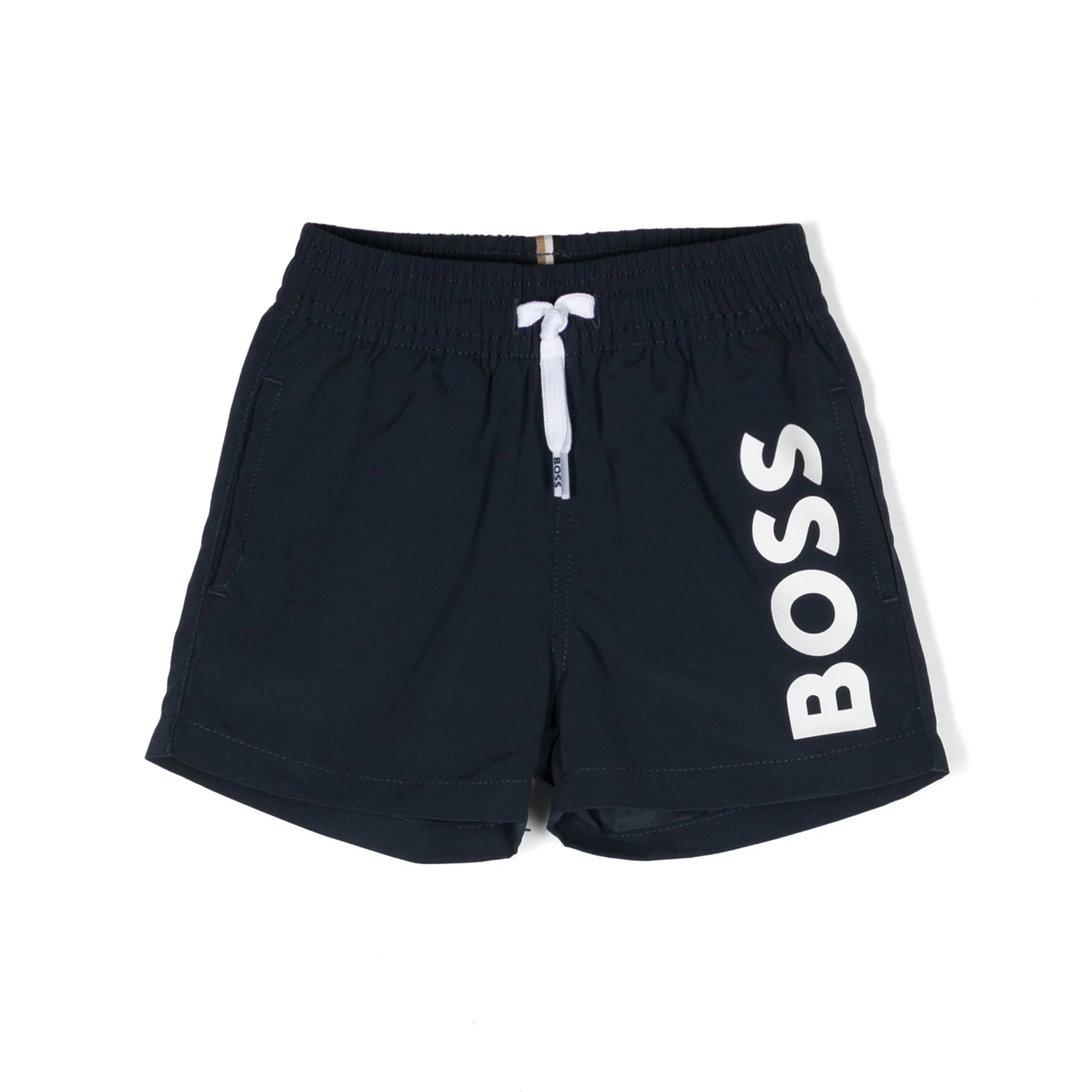 BOSS Kidswear navy swim shorts with a logo print, available at Lestyle Boutique.