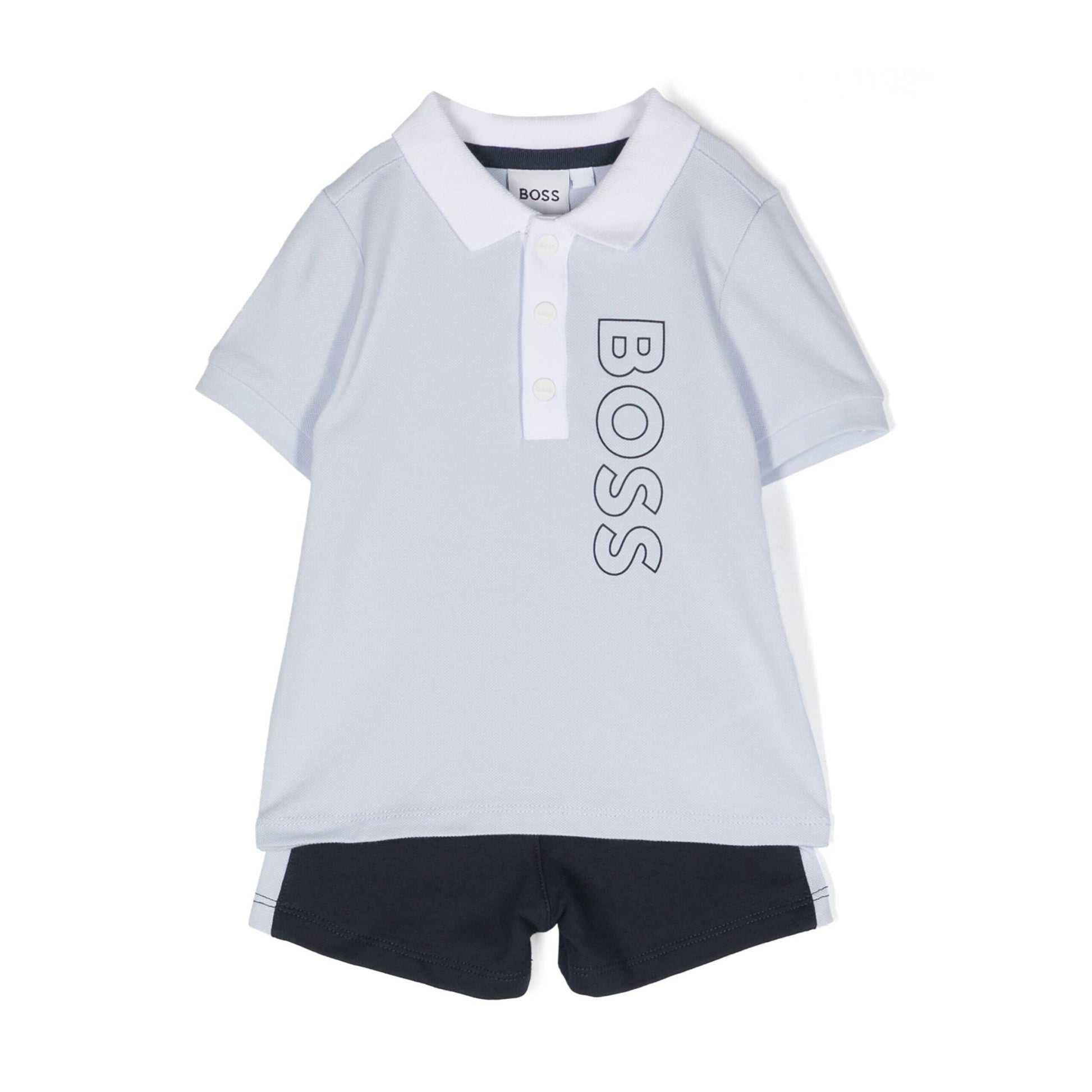 BOSS Kidswear logo-print short set in light blue and navy, featuring a classic polo and shorts, available at Lestyle Boutique Melbourne.