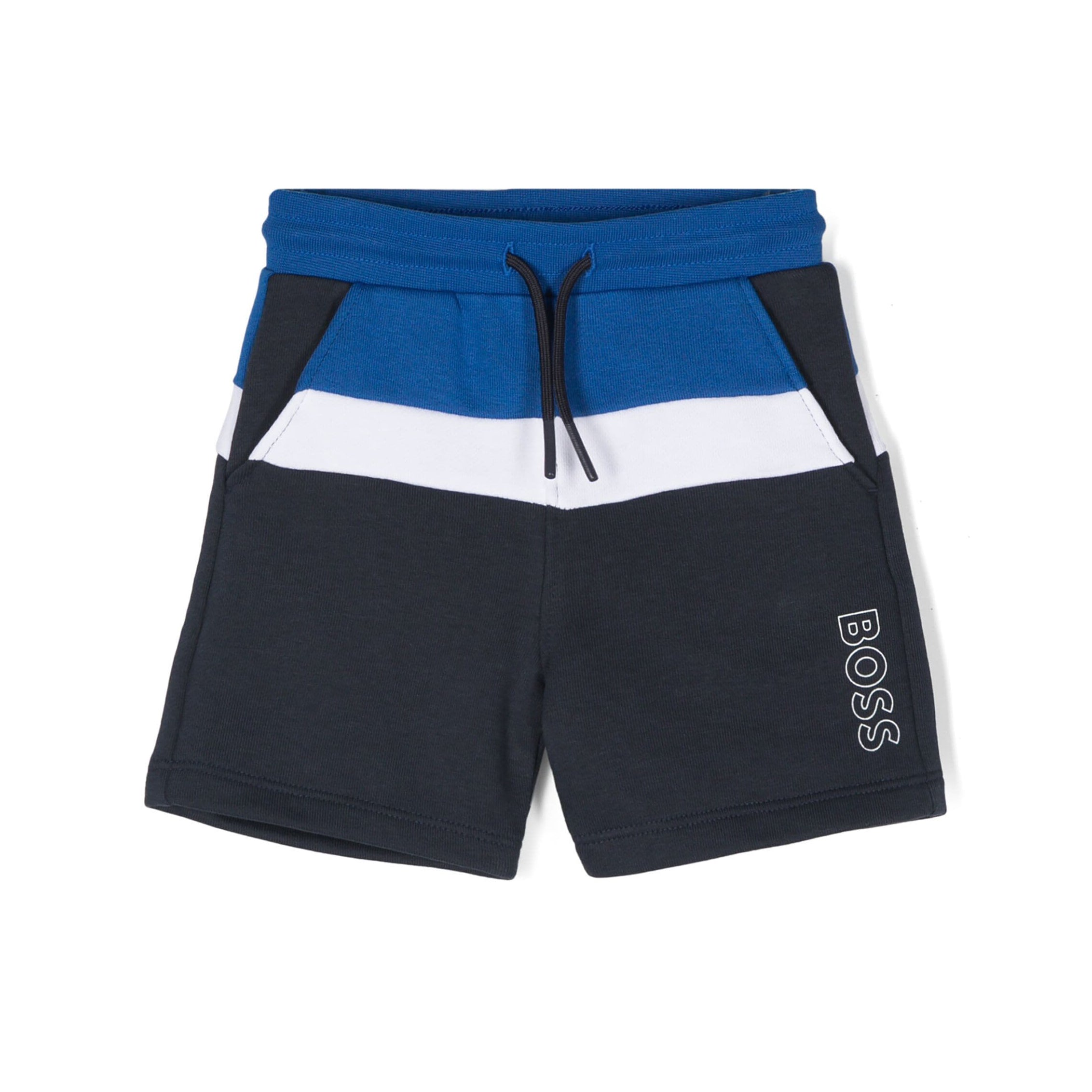 BOSS Kidswear logo-print track shorts with a colour-block design, available at Lestyle Boutique.