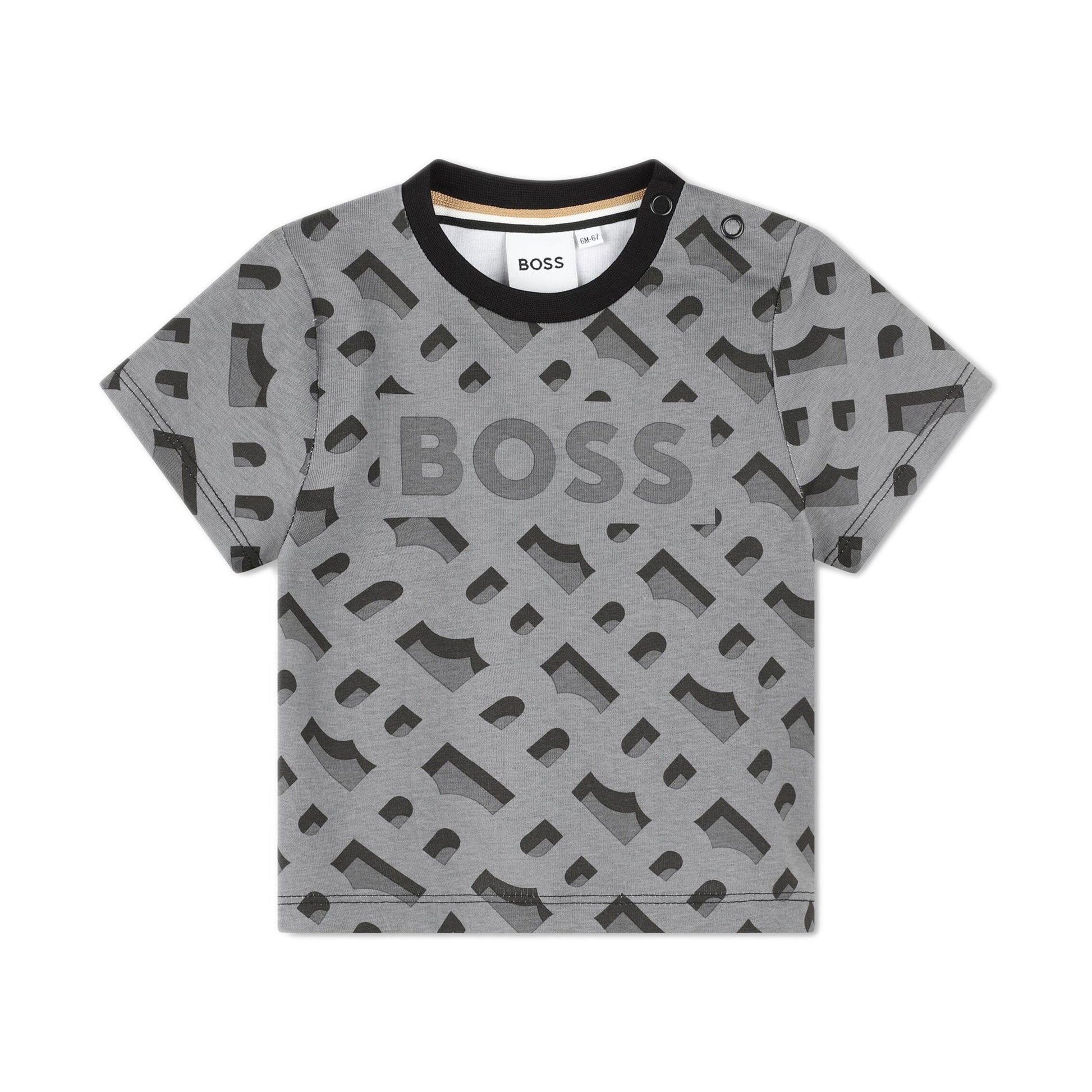 BOSS Kidswear grey monogram logo-print T-shirt, available at Lestyle Boutique.