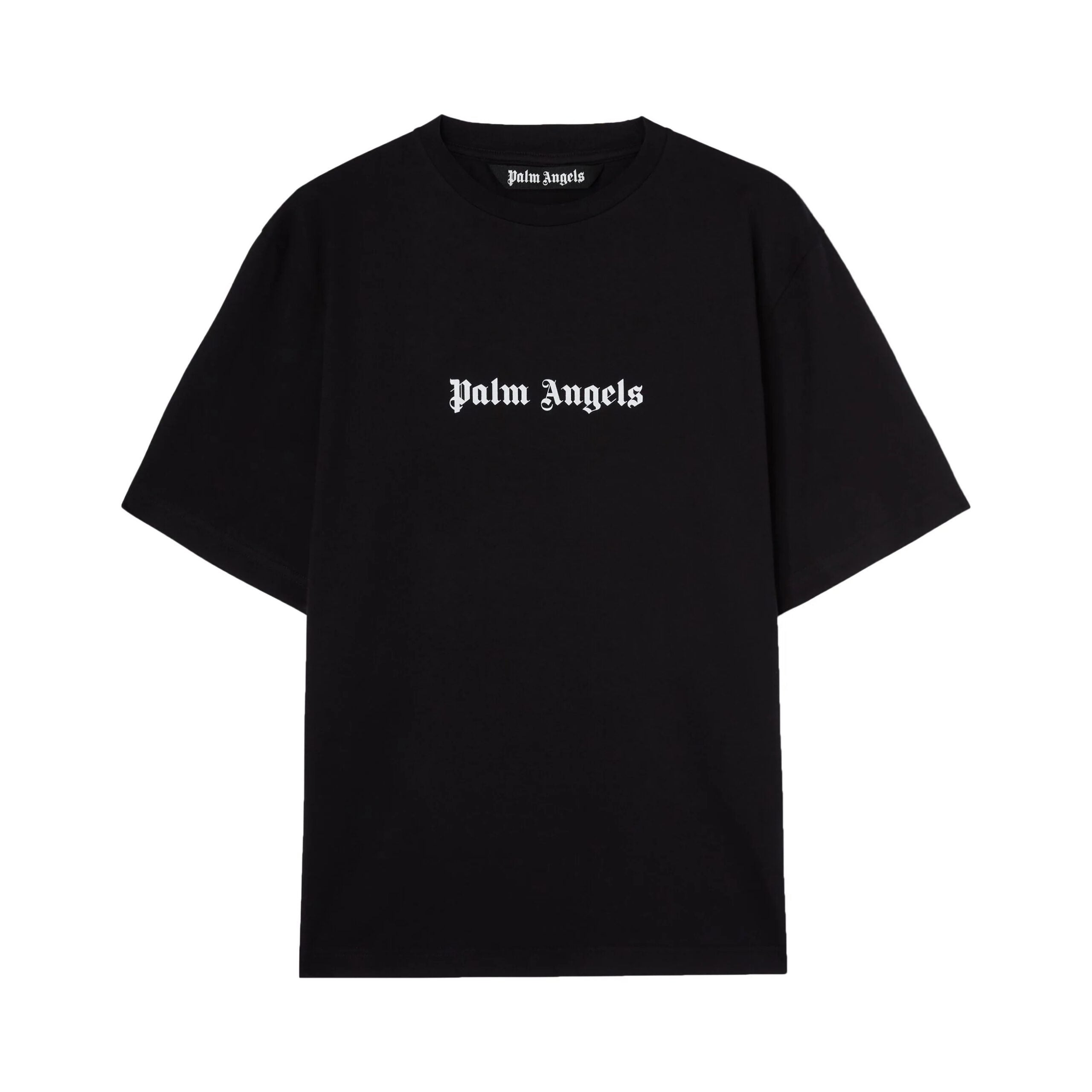 Palm Angels black printed cotton T-shirt with white logo, available at Lestyle Boutique Melbourne. A stylish and comfortable choice for casual wear.