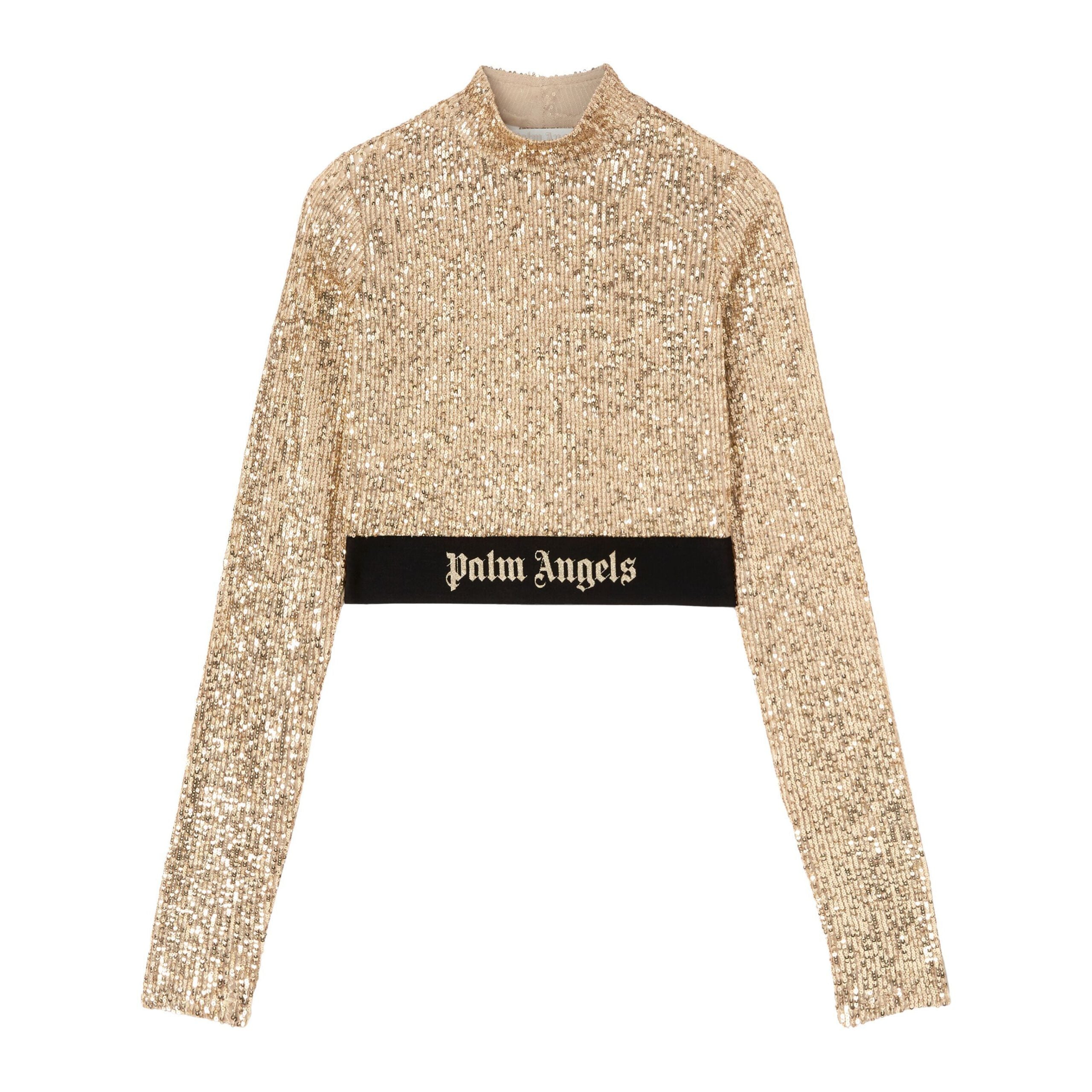 Palm Angels gold sequin-design long-sleeve top with logo underband, available at Lestyle Boutique Melbourne.