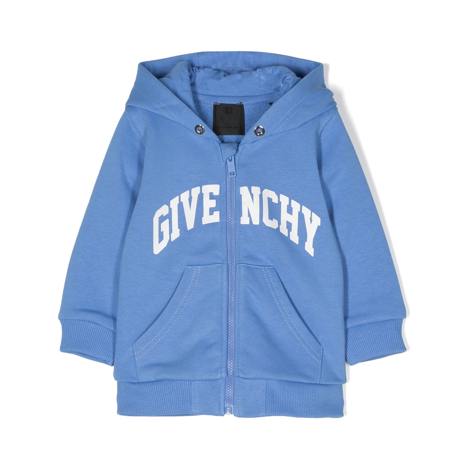 Givenchy Kids jersey zip-up hoodie in light blue, featuring logo details, available at Lestyle Boutique Melbourne.