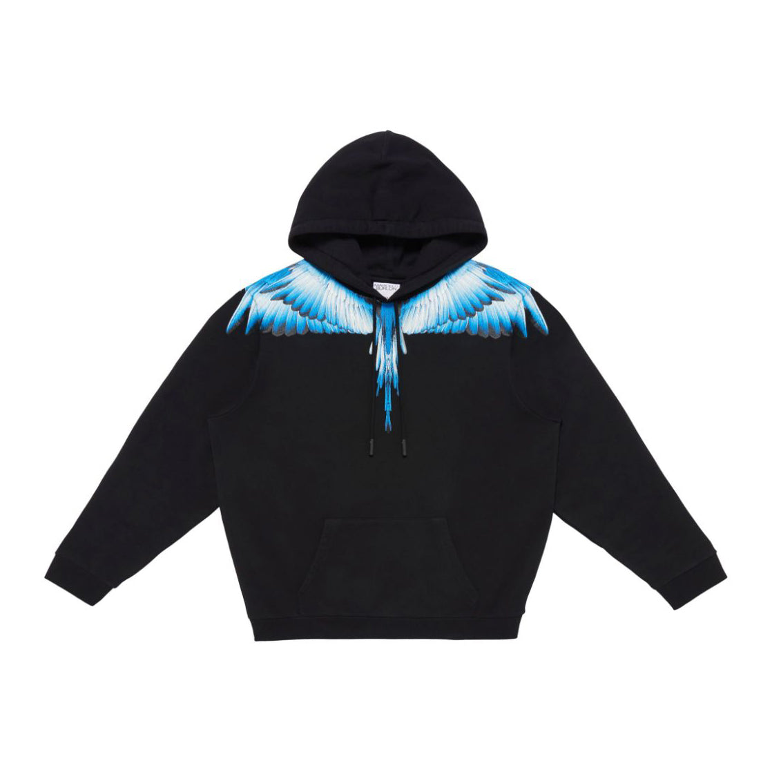 Marcelo Burlon County of Milan hoodie featuring blue wings on a black organic cotton fabric, embodying a bold streetwear aesthetic, available at Lestyle Boutique.