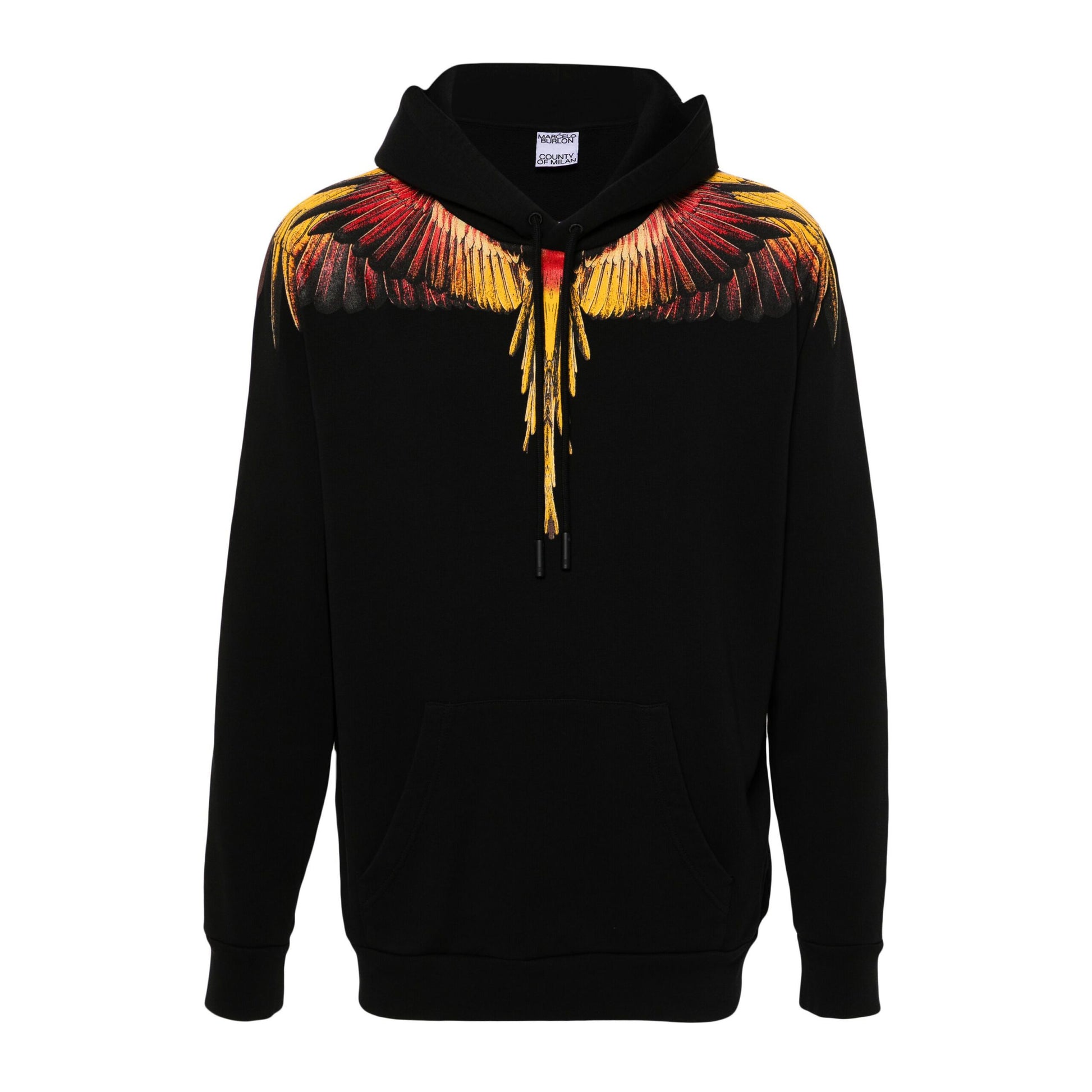 Marcelo Burlon County of Milan hoodie with vibrant yellow and red wings on a black base, crafted from organic cotton, available at Lestyle Boutique.