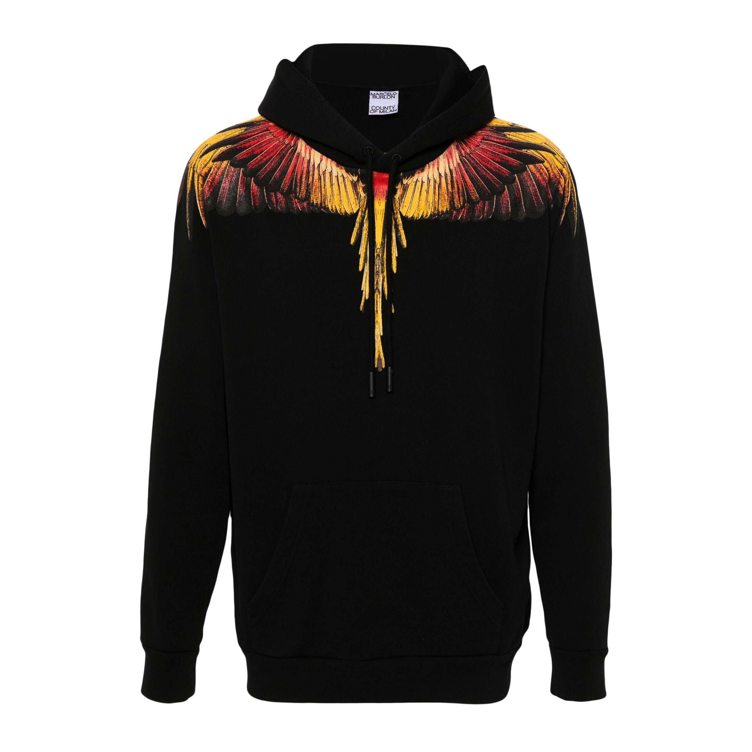 Marcelo Burlon County of Milan hoodie with vibrant yellow and red wings on a black base, crafted from organic cotton, available at Lestyle Boutique.