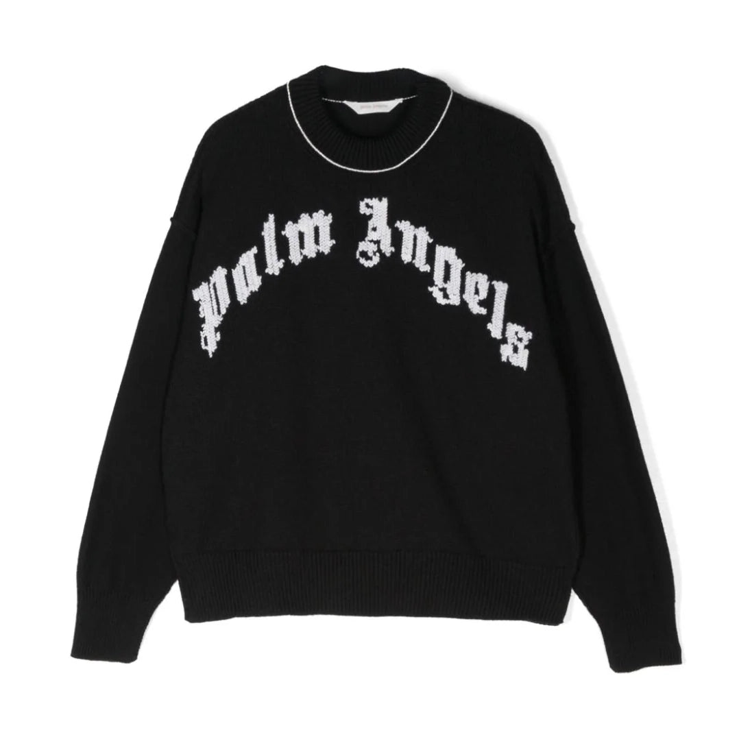 Palm Angels Kids black crew neck sweater with curved white logo, available at Lestyle Boutique Melbourne.