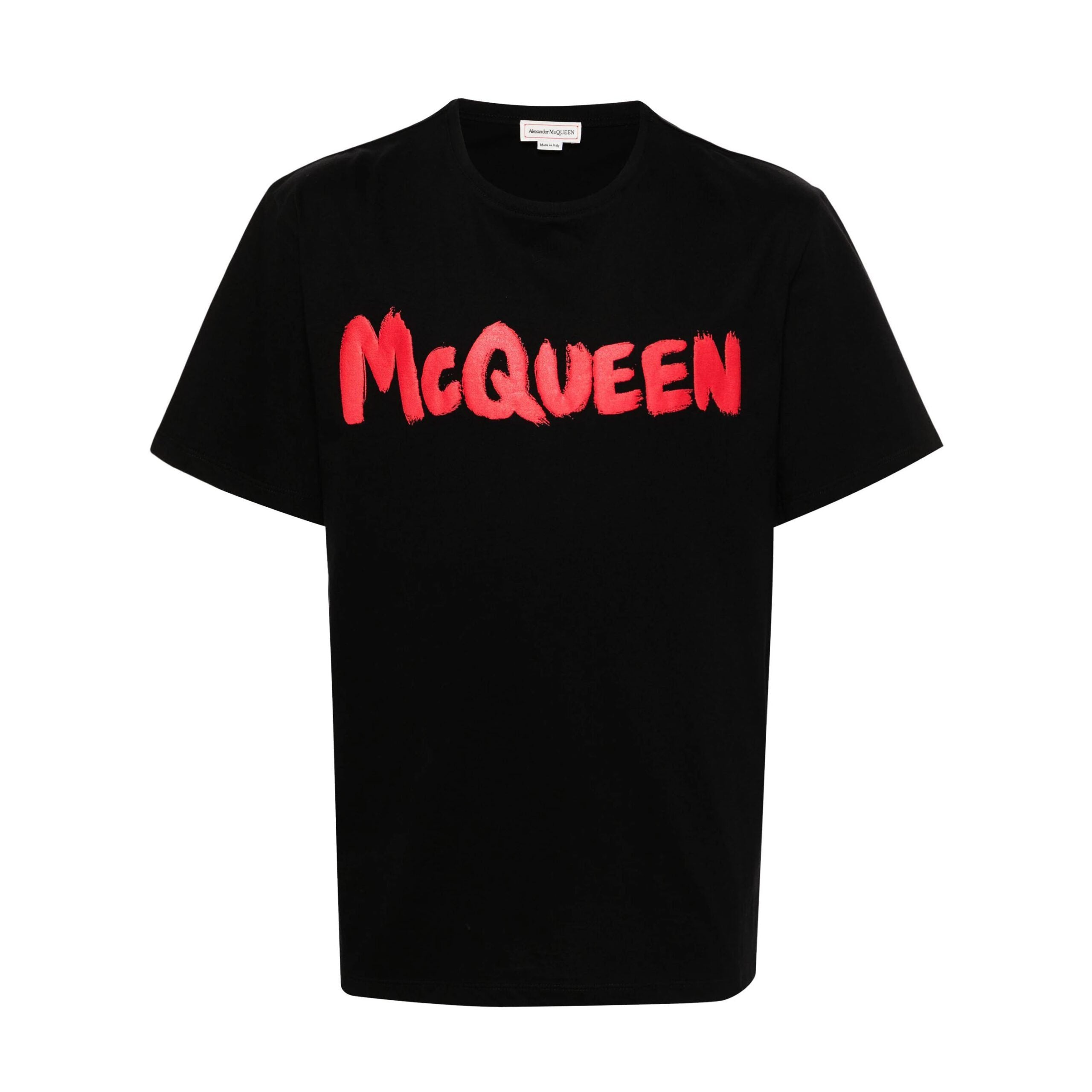 Alexander McQueen black t-shirt featuring a bold graffiti-style logo print in vibrant red. This luxury designer piece showcases a relaxed fit with short sleeves and a straight hem, crafted from high-quality materials for ultimate comfort. Perfect for casual outings or streetwear style, this t-shirt embodies premium fashion with its striking design and exceptional craftsmanship, available at Lestyle Boutique Melbourne.