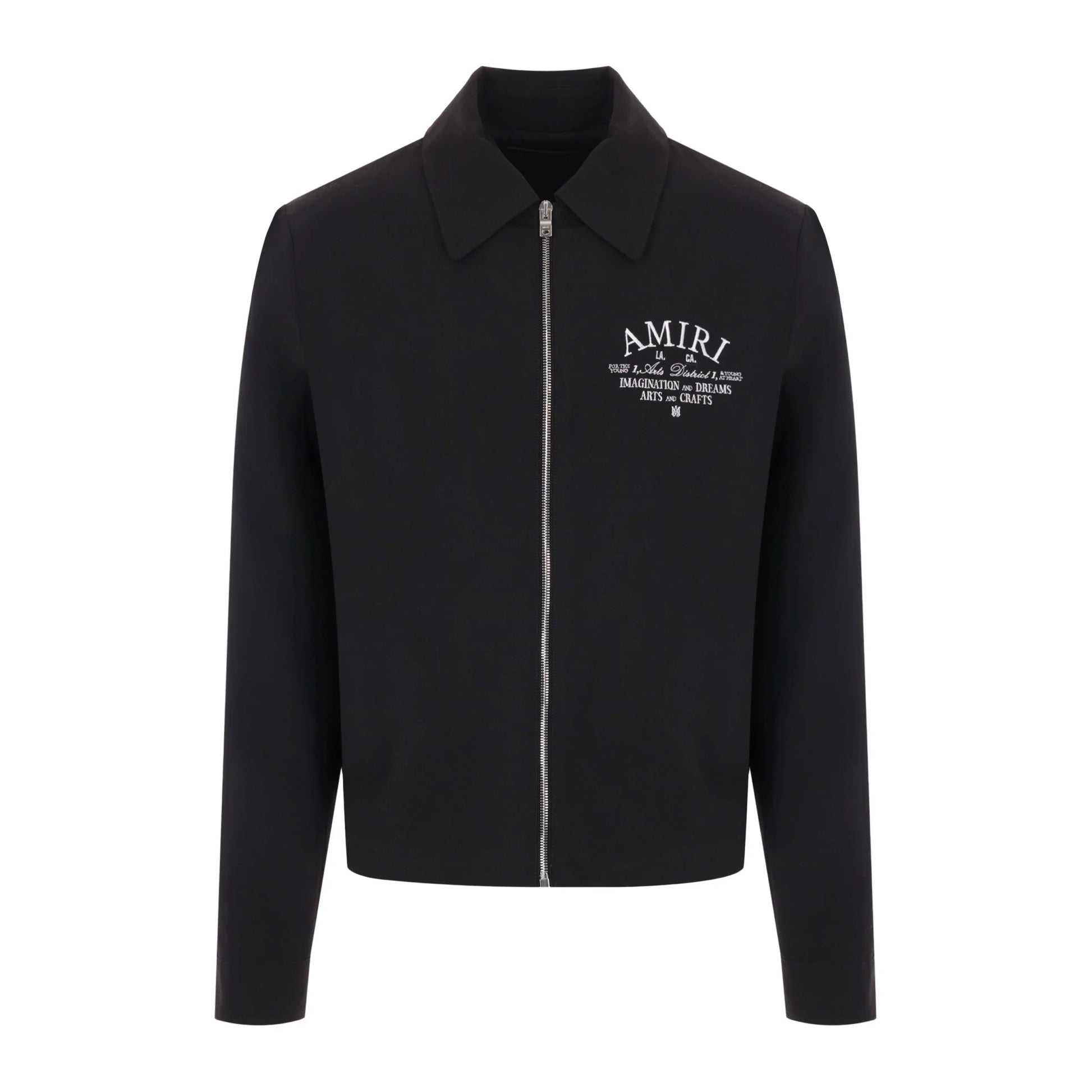 Luxury AMIRI black and white logo-embroidered jacket crafted from premium wool and nylon materials. This designer piece features a stylish front zip fastening and long sleeves, ensuring a modern fit. The unique logo detailing adds a touch of sophistication, making it perfect for fashion-forward individuals. Ideal for both casual and upscale occasions, this jacket combines comfort with high-end style, available at Lestyle Boutique Melbourne.