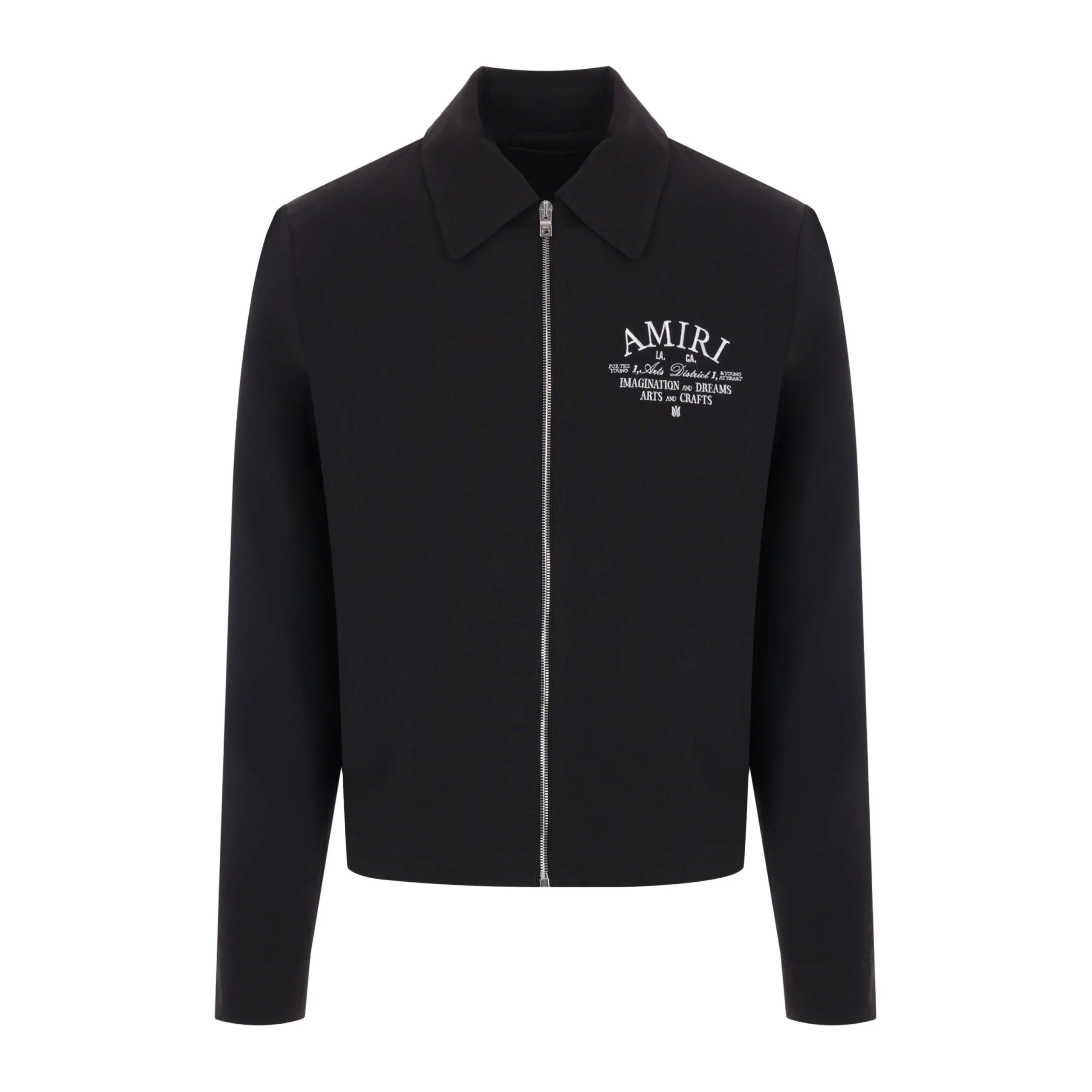 Luxury AMIRI black and white logo-embroidered jacket crafted from premium wool and nylon materials. This designer piece features a stylish front zip fastening and long sleeves, ensuring a modern fit. The unique logo detailing adds a touch of sophistication, making it perfect for fashion-forward individuals. Ideal for both casual and upscale occasions, this jacket combines comfort with high-end style, available at Lestyle Boutique Melbourne.