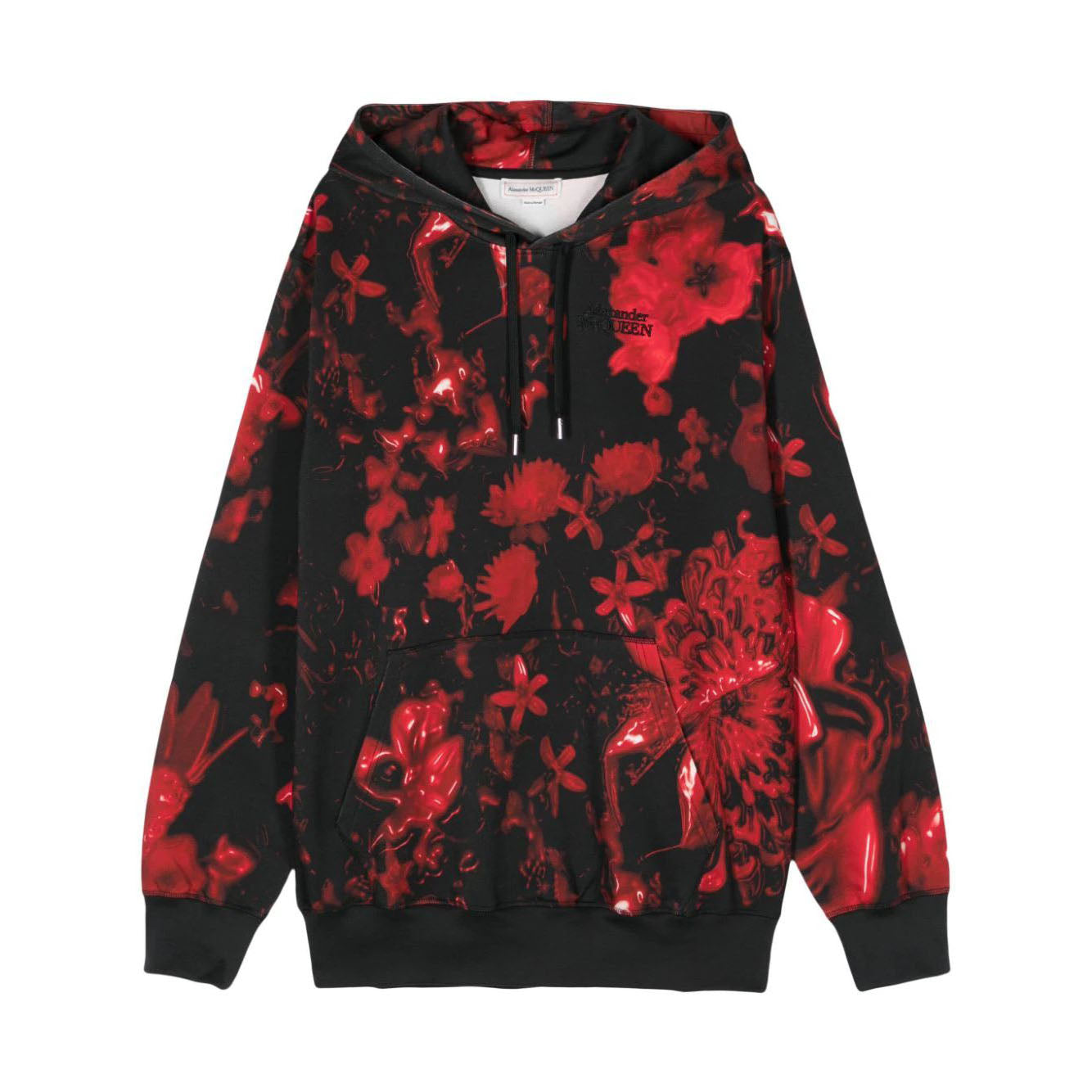 Luxury Alexander McQueen black sweatshirt featuring a striking red floral design. This premium designer piece showcases a comfortable fit with a stylish hood and long sleeves, perfect for casual outings or layering. The high-quality fabric ensures durability and comfort, making it an ideal choice for fashion-forward individuals. Available at Lestyle Boutique Melbourne.