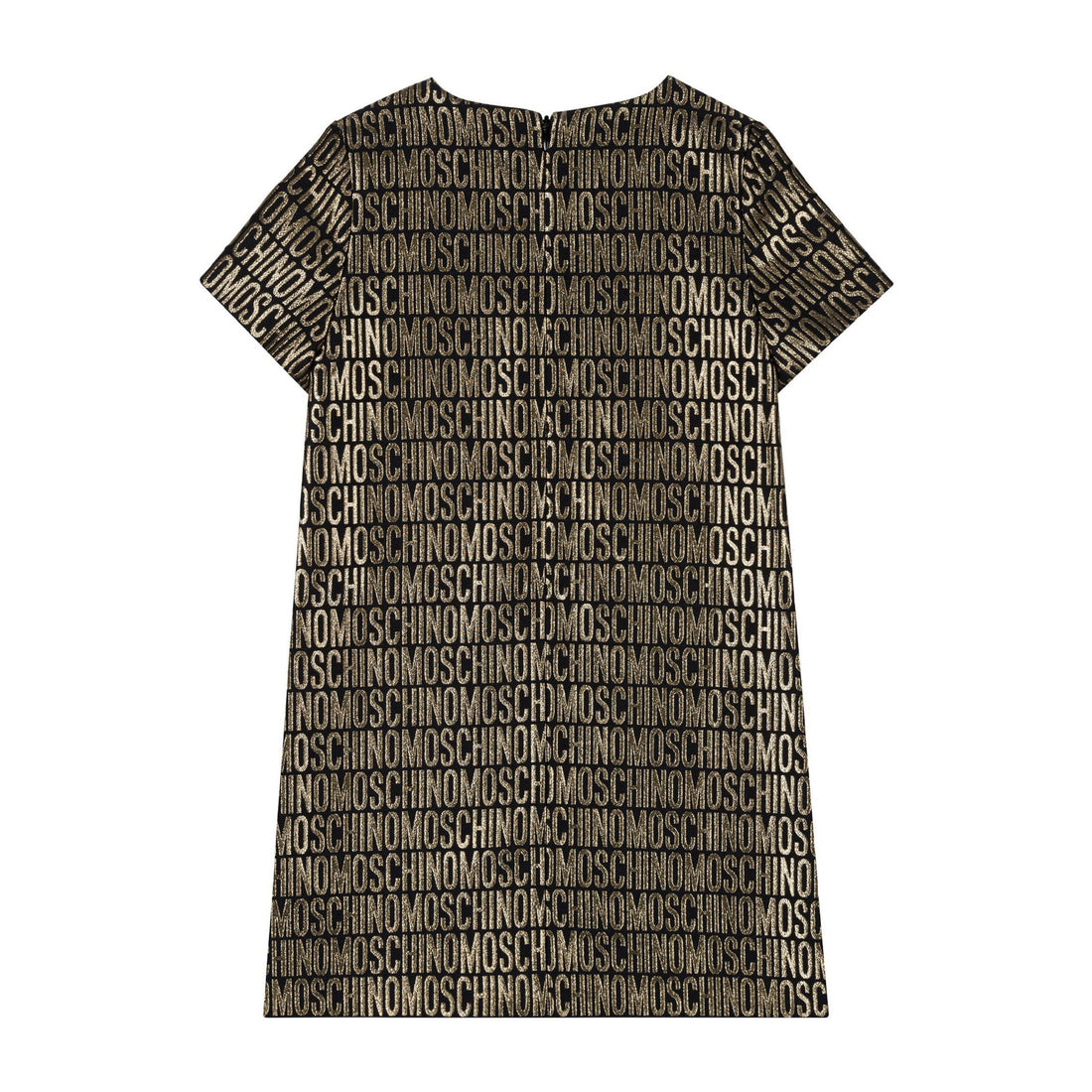 Moschino Kids All-Over Logo Print Dress in luxurious gold with all-over Moschino branding, available at Lestyle Boutique Melbourne.