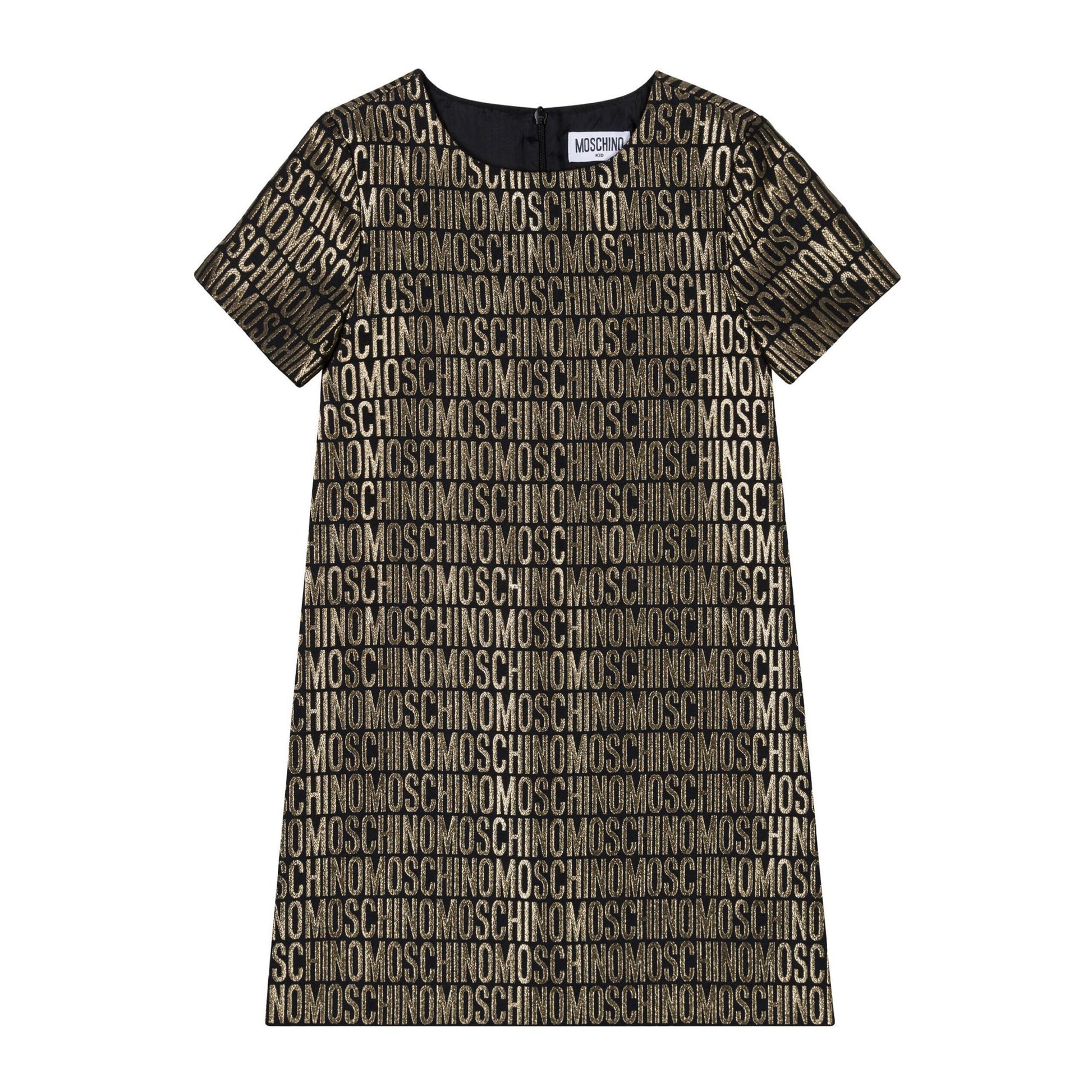Moschino Kids All-Over Logo Print Dress in luxurious gold with all-over Moschino branding, available at Lestyle Boutique Melbourne.