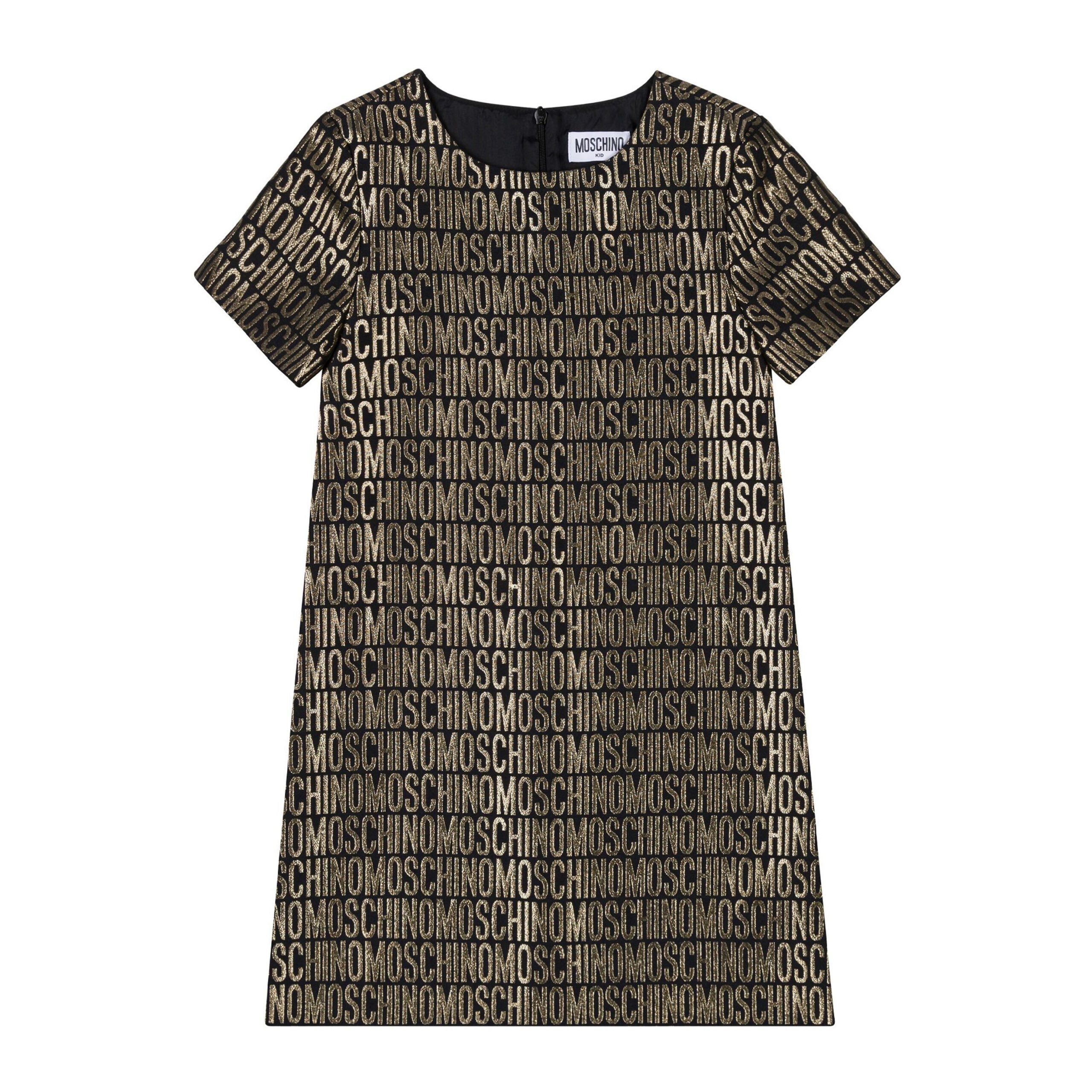 Moschino Kids All-Over Logo Print Dress in luxurious gold with all-over Moschino branding, available at Lestyle Boutique Melbourne.