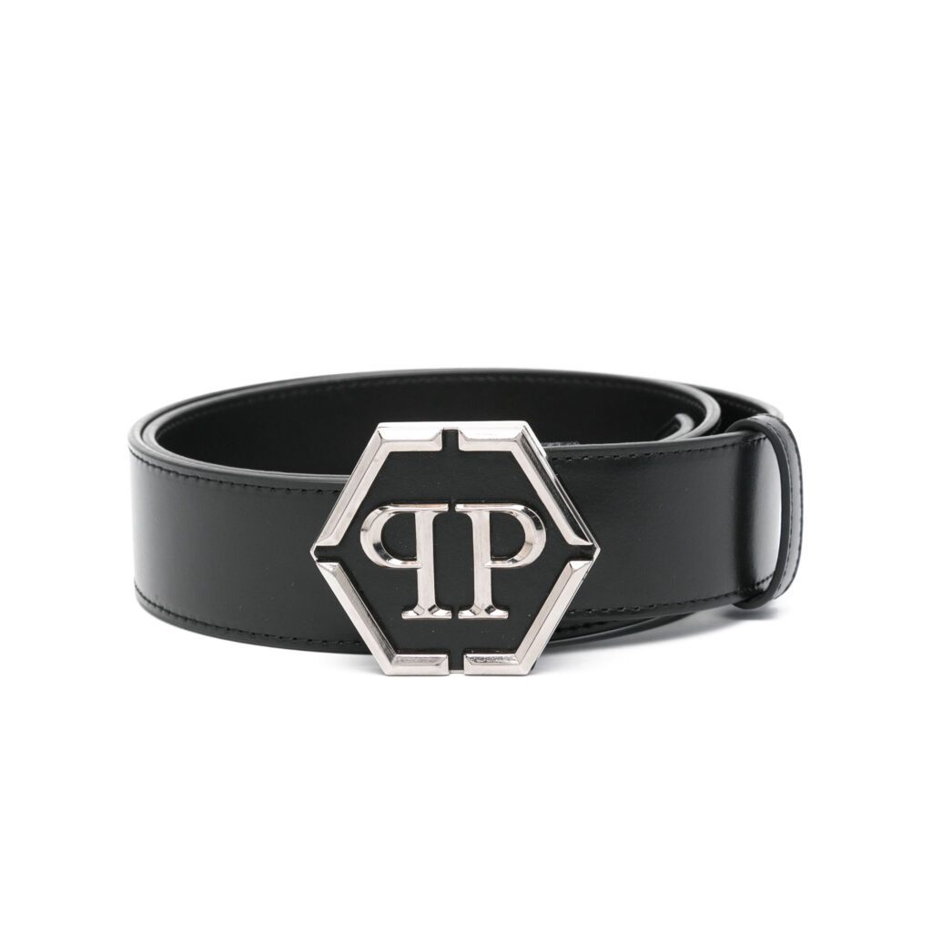 PHILIPP PLEIN BELT featuring silver-tone PP hexagon logo buckle available at Lestyle Boutique Melbourne