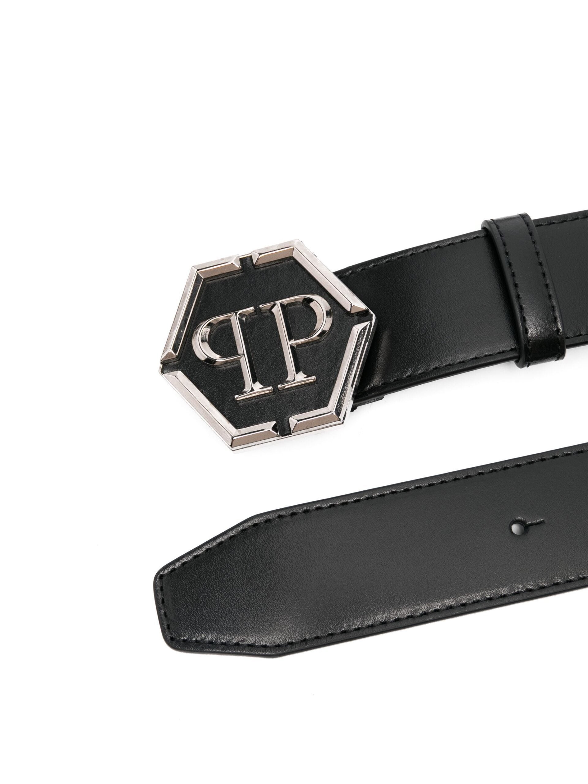 PHILIPP PLEIN BELT featuring silver-tone PP hexagon logo buckle available at Lestyle Boutique Melbourne