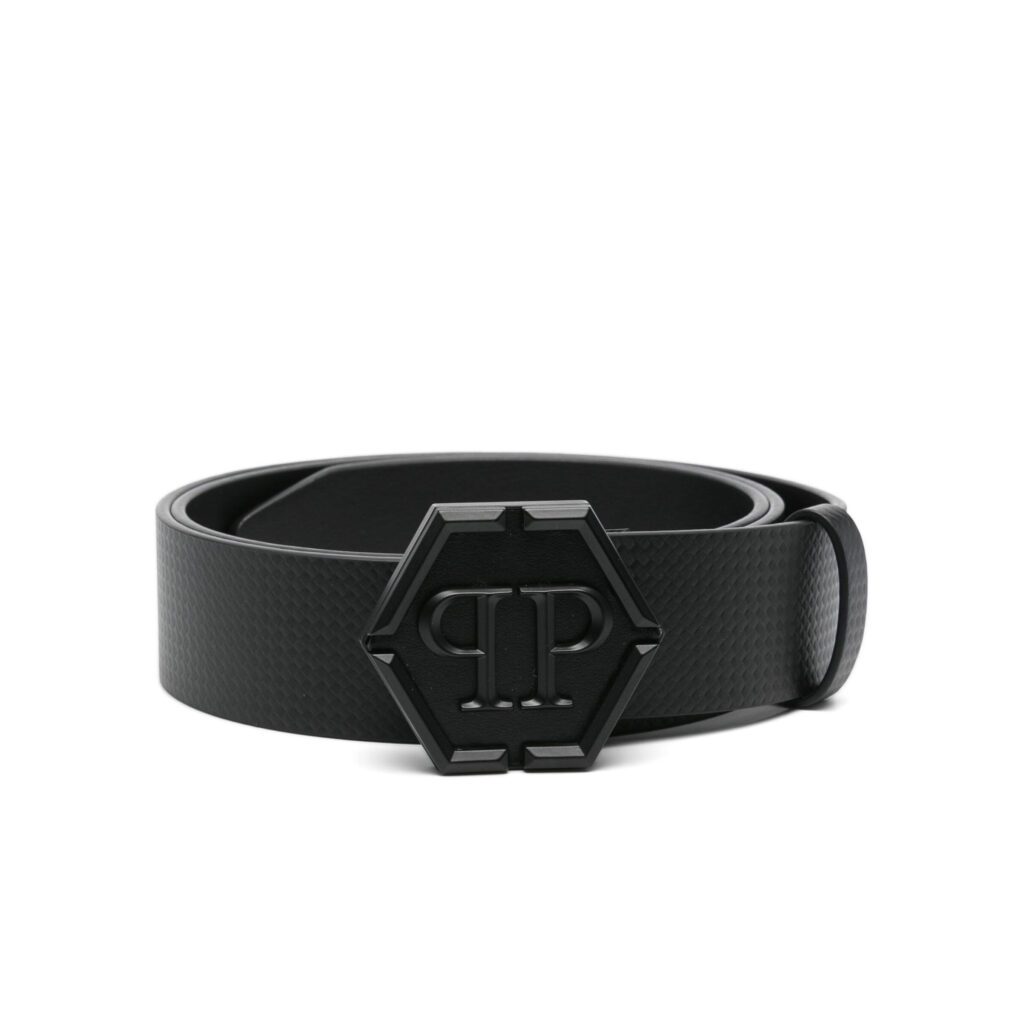 PHILIPP PLEIN BELT featuring logo buckle, textured black available at Lestyle Boutique Melbourne