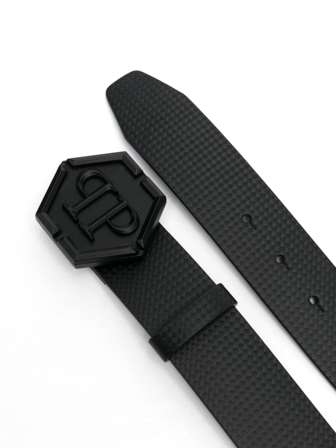 PHILIPP PLEIN BELT featuring logo buckle, textured black available at Lestyle Boutique Melbourne