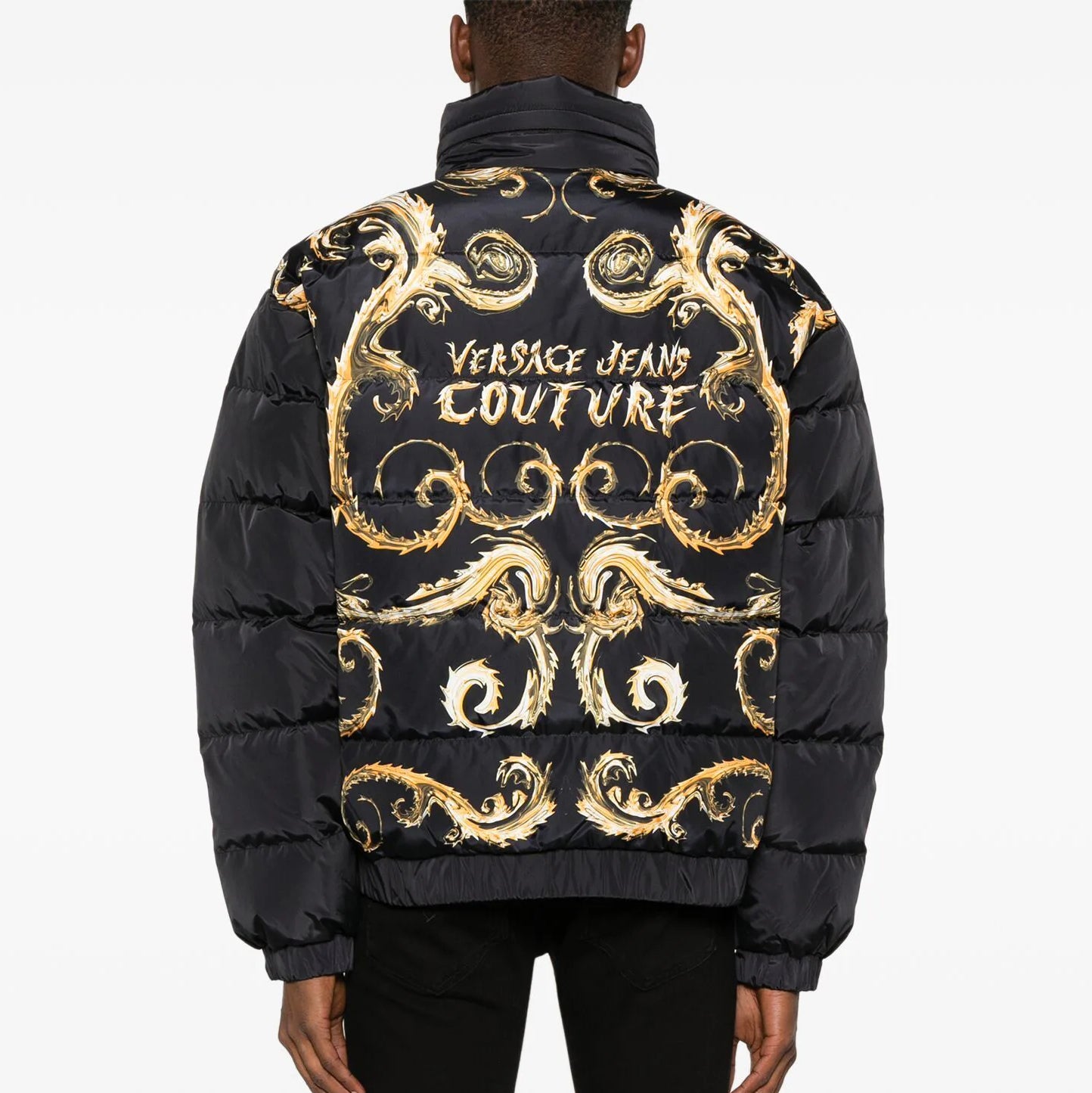 Versace Jeans Couture black logo print jacket with an all-over design, available at Lestyle Boutique Melbourne. A stylish and bold choice for casual wear.