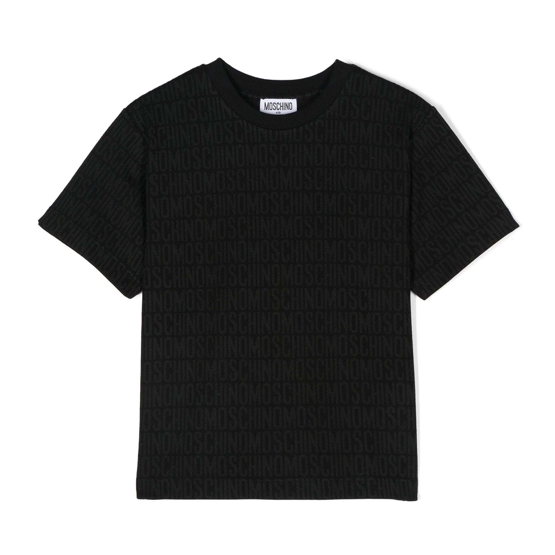 Moschino Kids Logo Intarsia T-Shirt in black featuring an all-over logo knit design, available at Lestyle Boutique Melbourne.