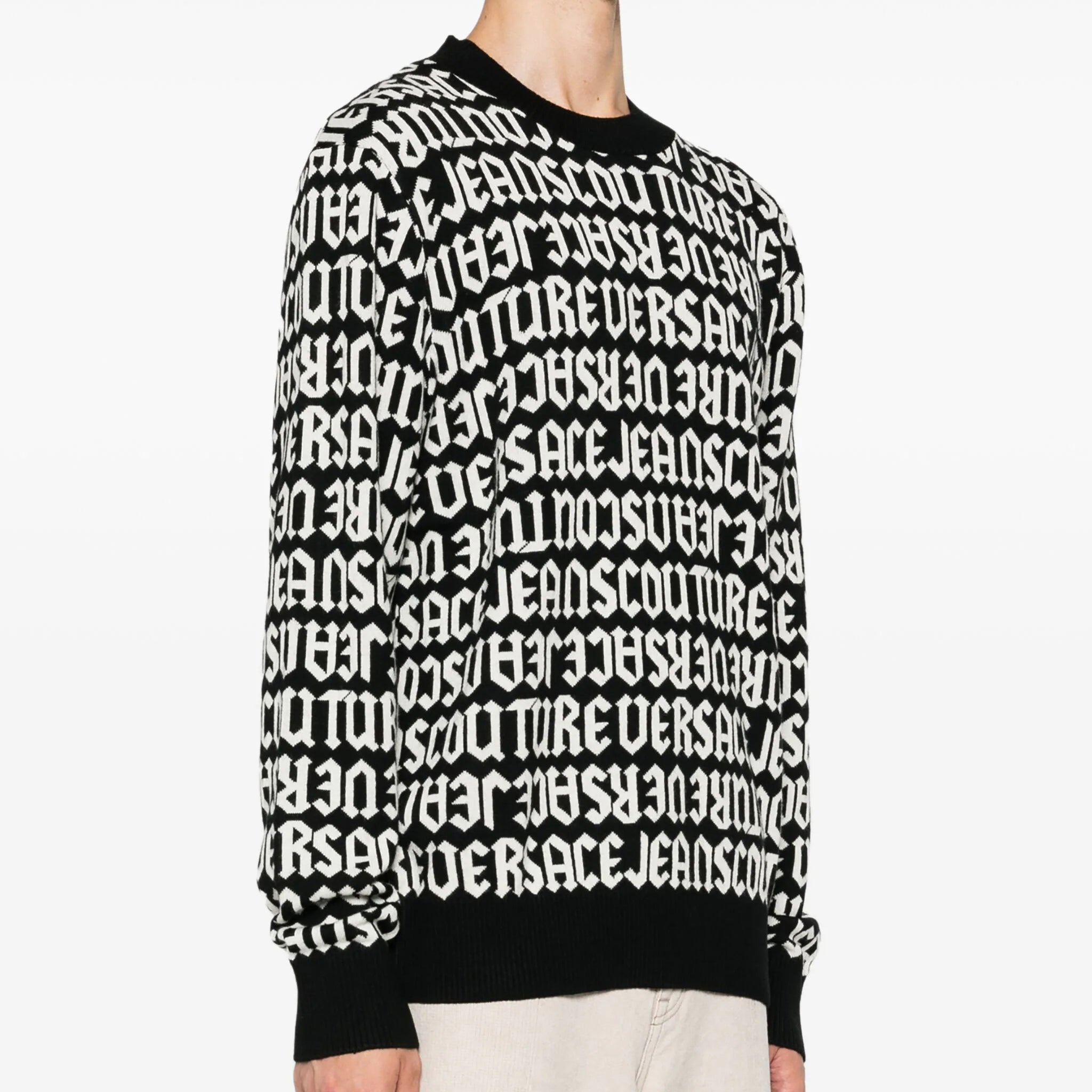 Versace Jeans Couture black Logomania sweater with an all-over logo pattern, available at Lestyle Boutique Melbourne. A bold and stylish choice for casual wear.