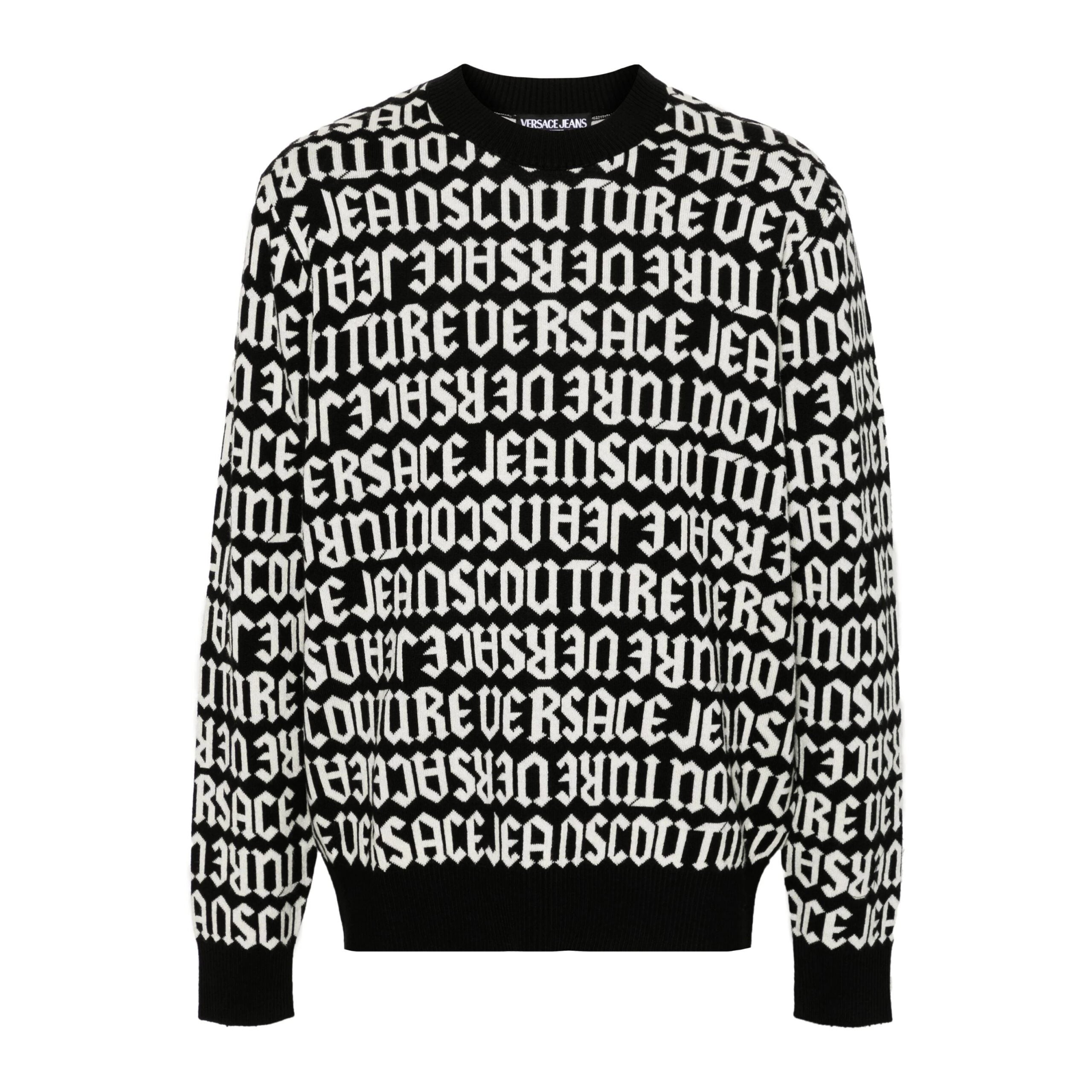 Versace Jeans Couture black Logomania sweater with an all-over logo pattern, available at Lestyle Boutique Melbourne. A bold and stylish choice for casual wear.