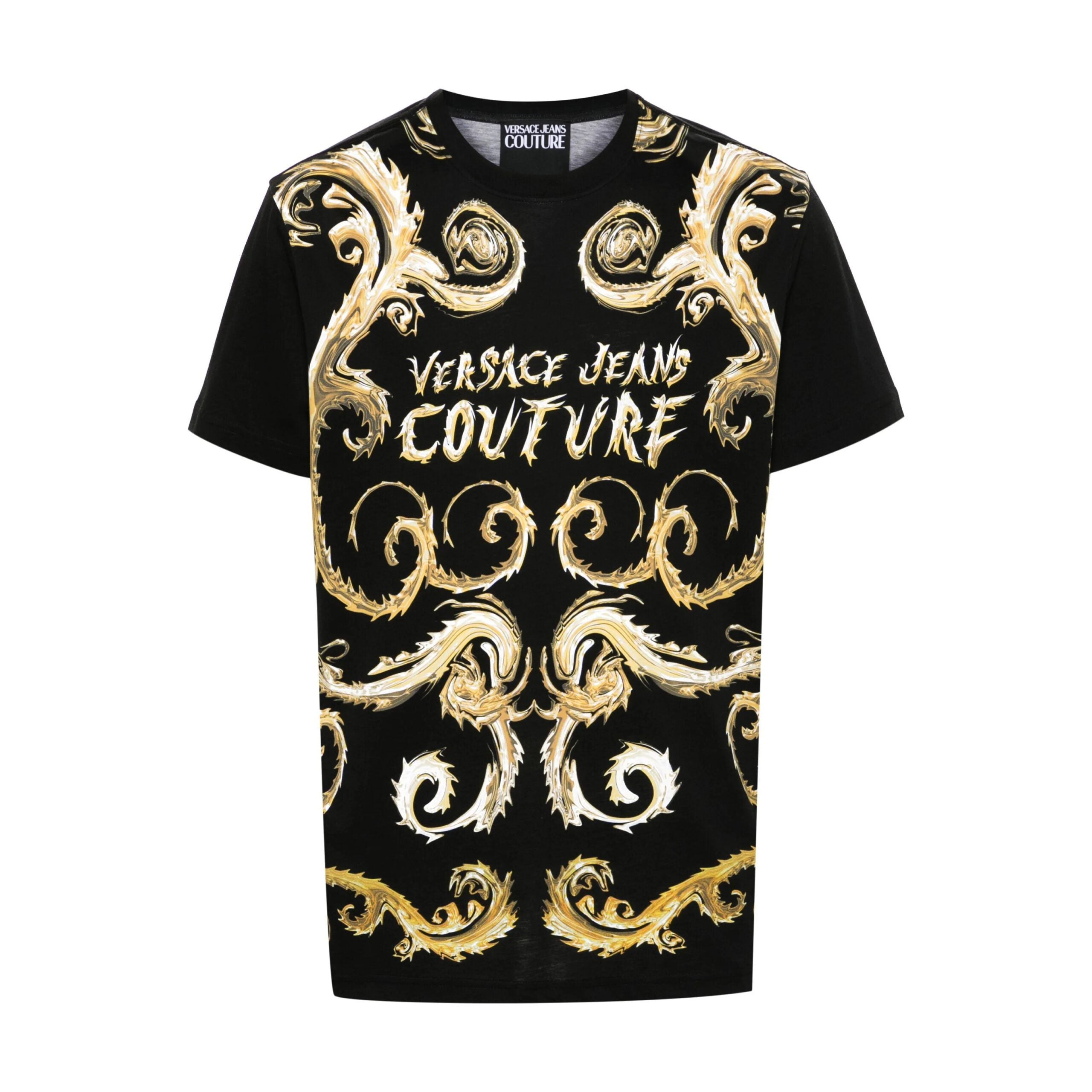 Versace Jeans Couture black Chromo Couture T-shirt with bold front detailing, available at Lestyle Boutique Melbourne. A stylish and versatile choice for casual wear.