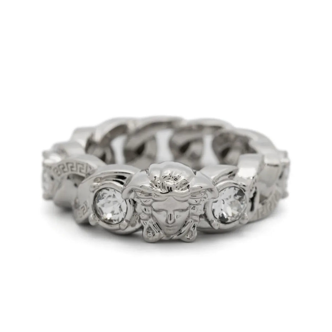 Versace Medusa Head-Motif Ring in silver-tone brass, featuring chain-link detailing, crystal embellishments, and the signature Medusa head design, available at Lestyle Boutique.