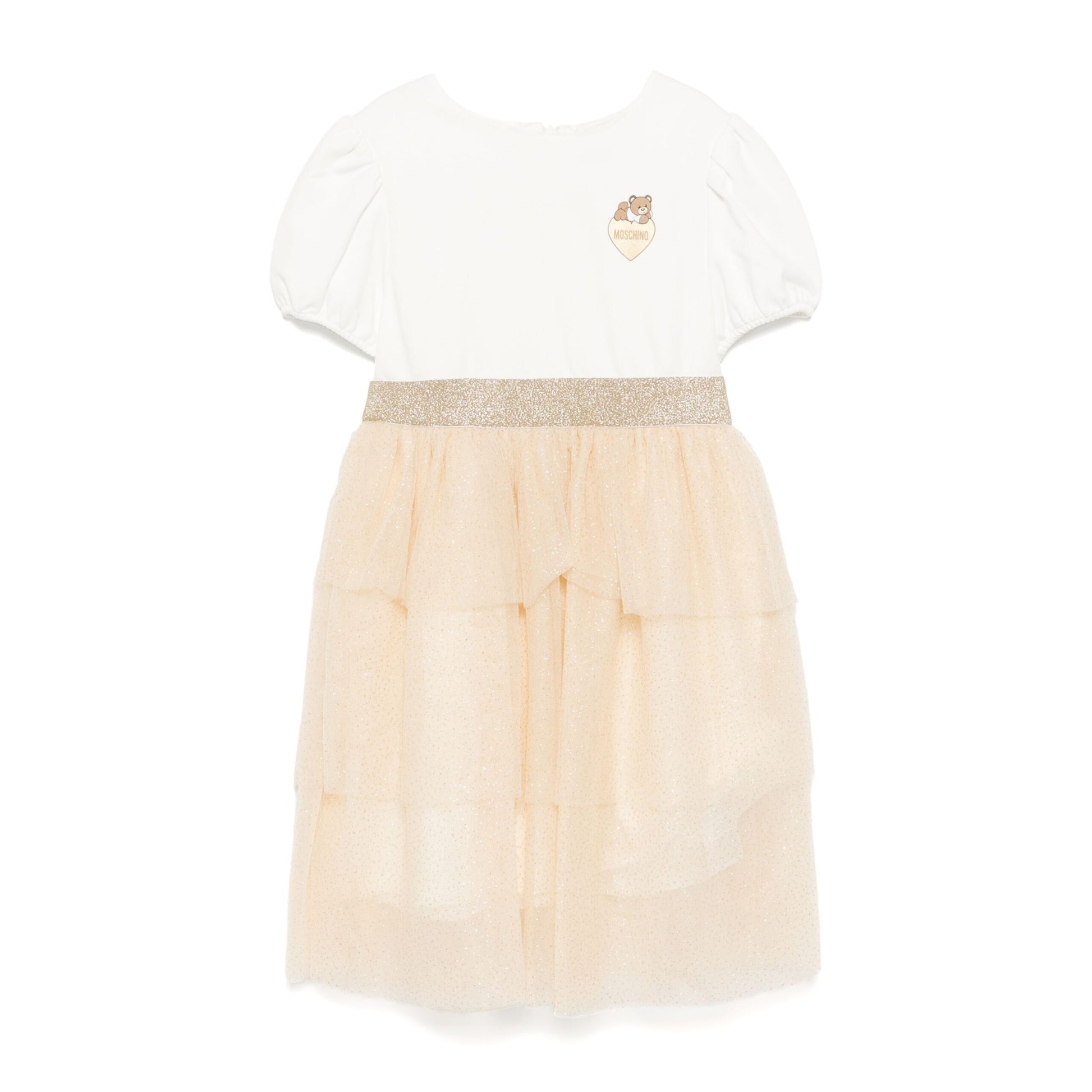 Moschino Kids Logo Patch Dress in ivory and beige with a glittery skirt and cute teddy logo patch, available at Lestyle Boutique Melbourne.