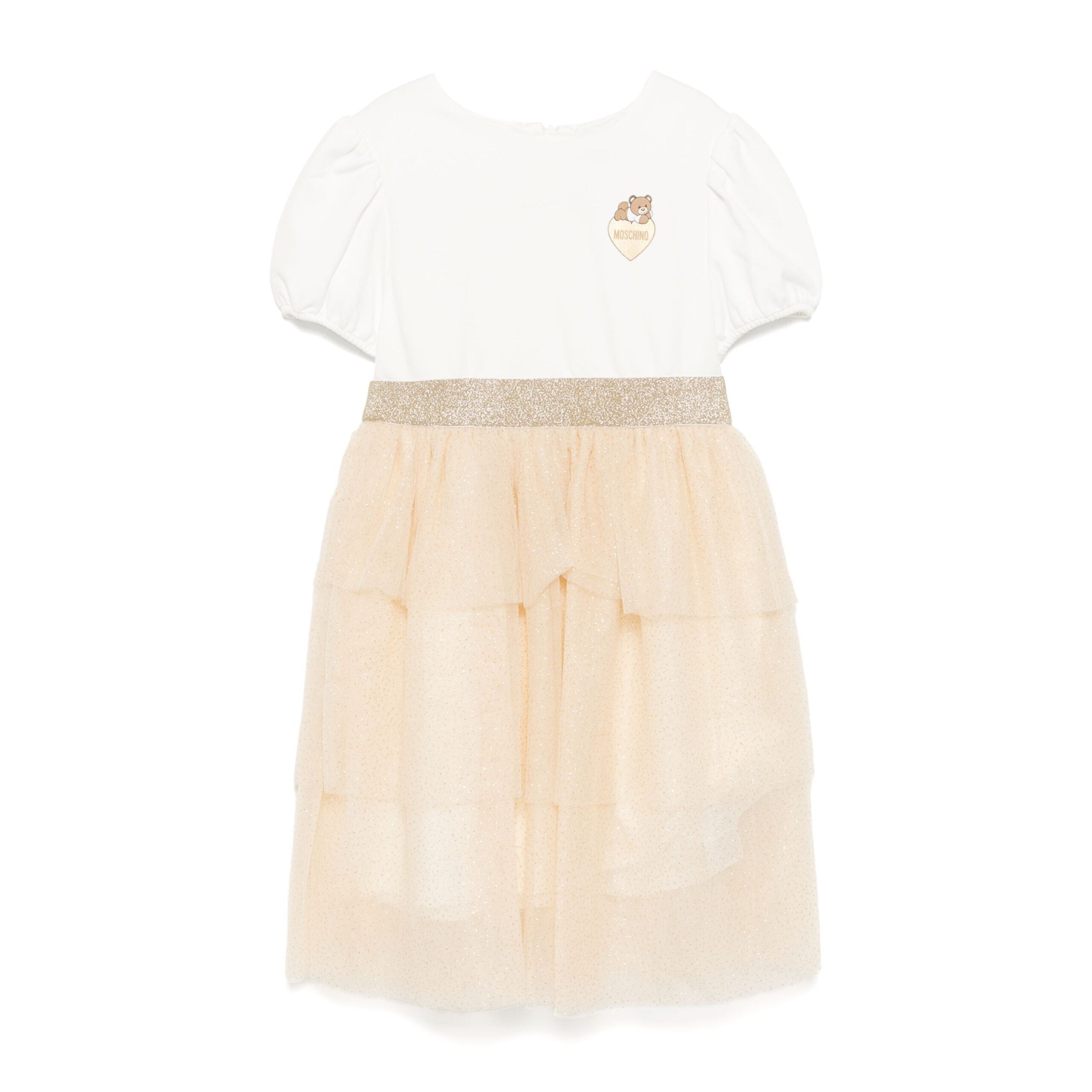 Moschino Kids Logo Patch Dress in ivory and beige with a glittery skirt and cute teddy logo patch, available at Lestyle Boutique Melbourne.