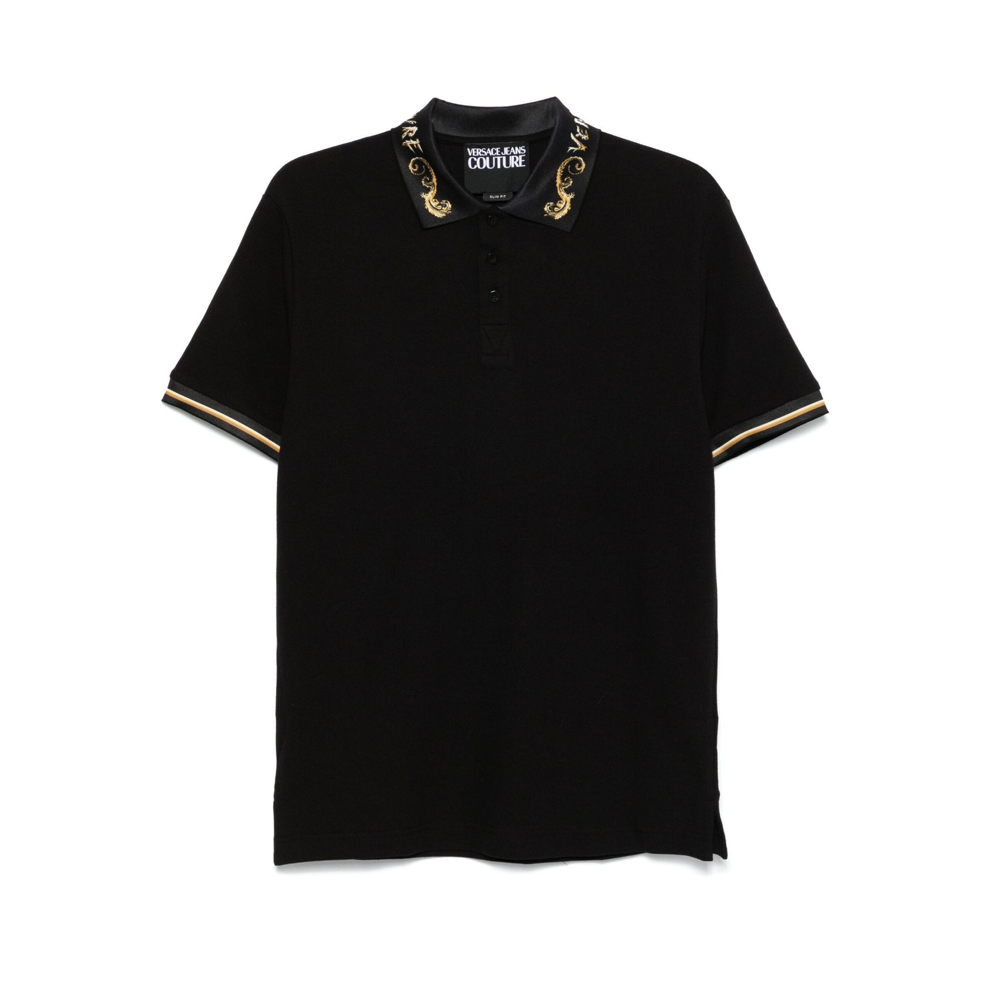 Versace Jeans Couture Chromo Couture black polo shirt with signature detailing, available at Lestyle Boutique Melbourne. A stylish and comfortable choice for casual and smart-casual wear.