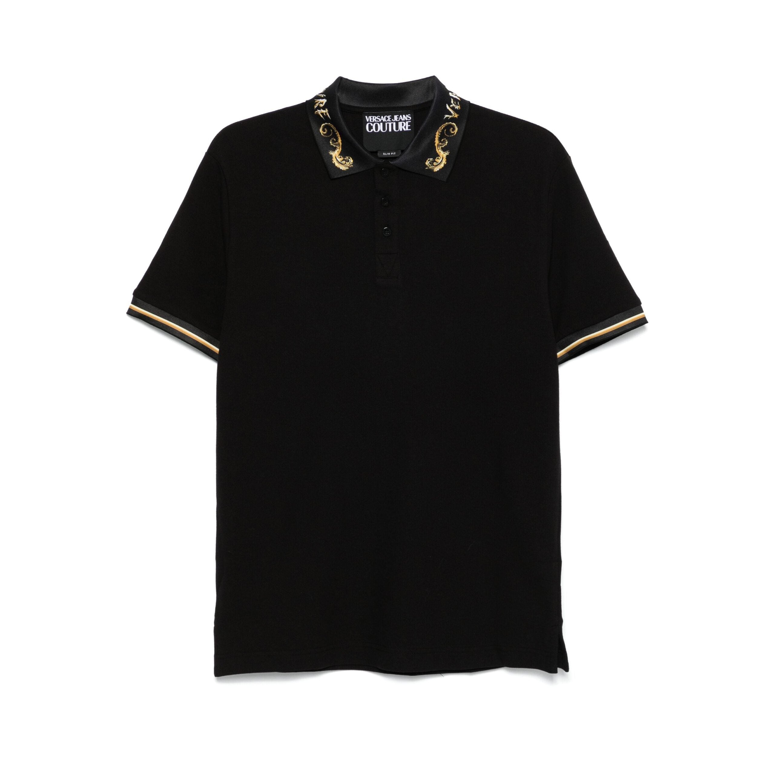 Versace Jeans Couture Chromo Couture black polo shirt with signature detailing, available at Lestyle Boutique Melbourne. A stylish and comfortable choice for casual and smart-casual wear.