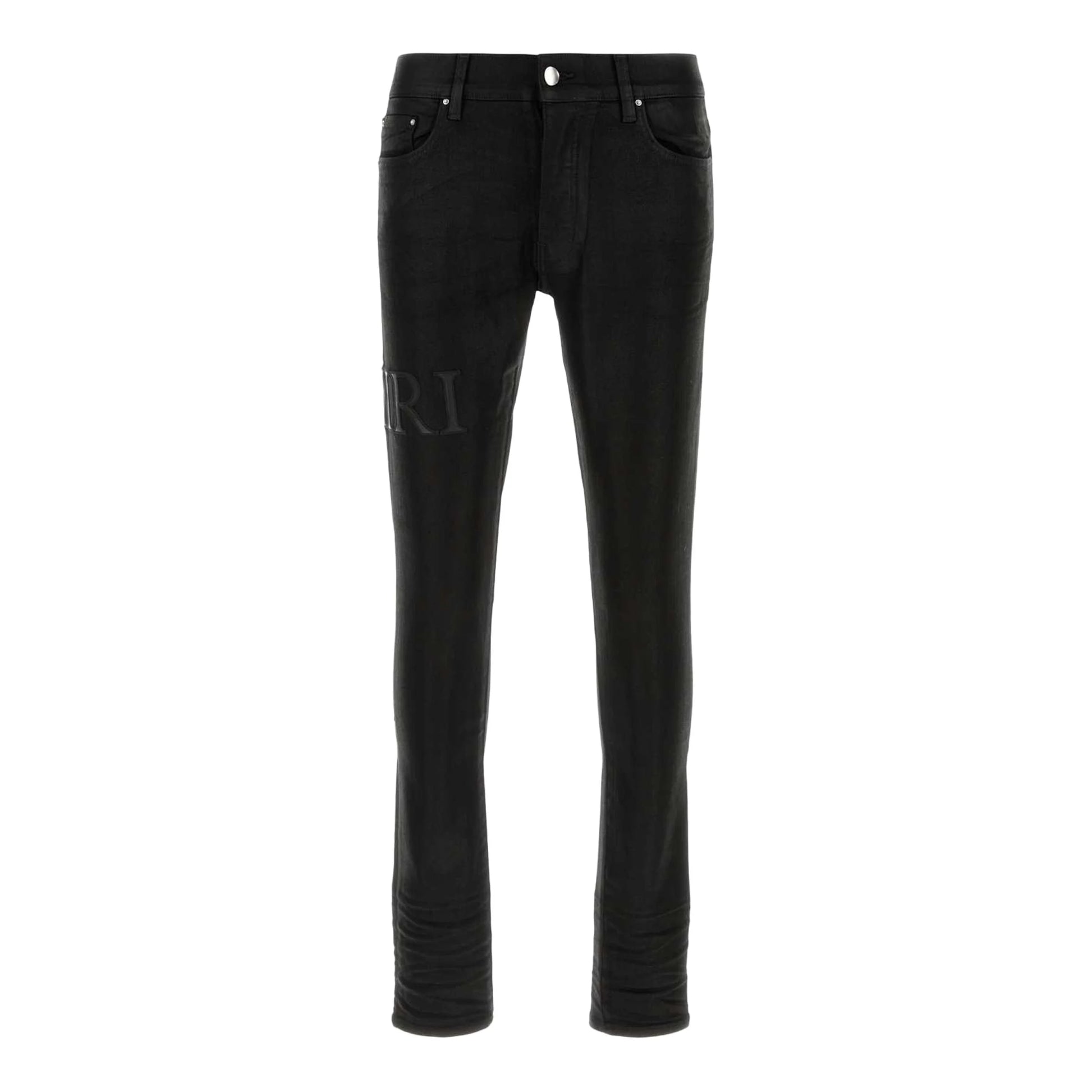 A pair of black stretch skinny jeans by AMIRI, available at Lestyle Boutique. These jeans feature a comfortable fit with a sleek design, button and zip closure, and classic five-pocket detailing.