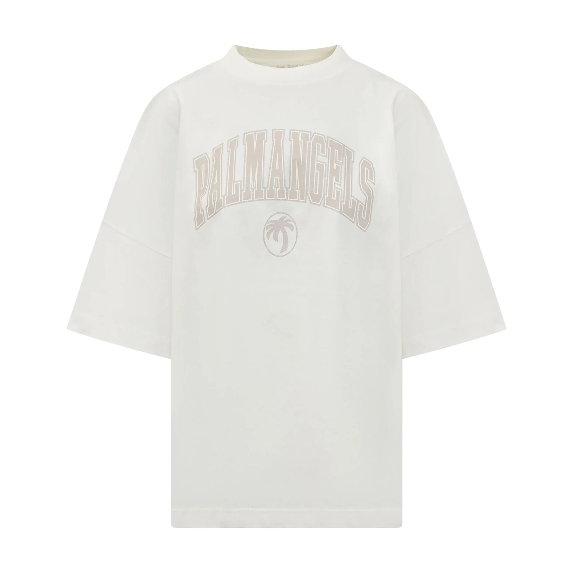 Palm Angels off-white College Logo T-shirt with a ribbed crewneck and bold collegiate-style print, available at Lestyle Boutique.