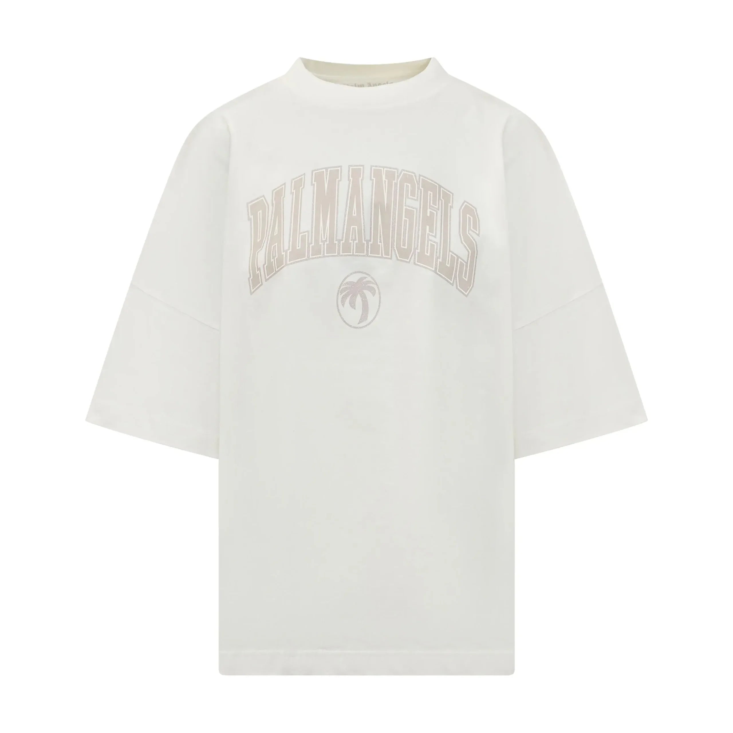 Palm Angels off-white College Logo T-shirt with a ribbed crewneck and bold collegiate-style print, available at Lestyle Boutique.
