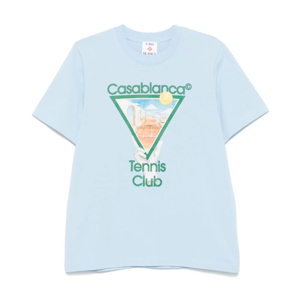 Casablanca Metaphysical Tennis Icon T-Shirt in Light Blue, crafted from 100% organic cotton, featuring a crew neck and a signature Tennis Club print on the front. Available at Lestyle Boutique.