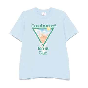 Casablanca Metaphysical Tennis Icon T-Shirt in Light Blue, crafted from 100% organic cotton, featuring a crew neck and a signature Tennis Club print on the front. Available at Lestyle Boutique.