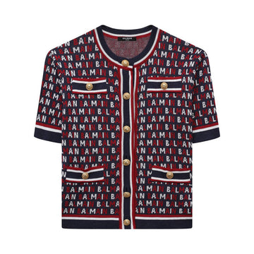 Balmain Kids sweatshirt featuring a stylish monogram design in navy and red. This premium piece is crafted from high-quality materials for comfort and durability. The short-sleeve style is perfect for casual outings, while the vibrant colors and logo print add a trendy touch. Ideal for young fashion enthusiasts looking to make a statement, available at Lestyle Boutique Melbourne.