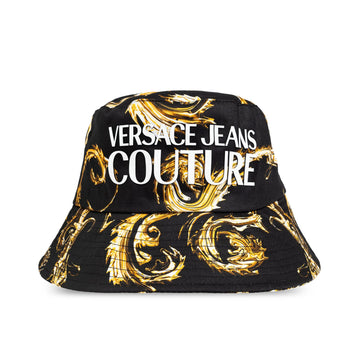 Versace Jeans Couture Black Bucket Hat featuring the iconic Barocco print in gold with a bold logo, offering a chic and modern accessory for elevated casual looks, available at Lestyle Boutique.