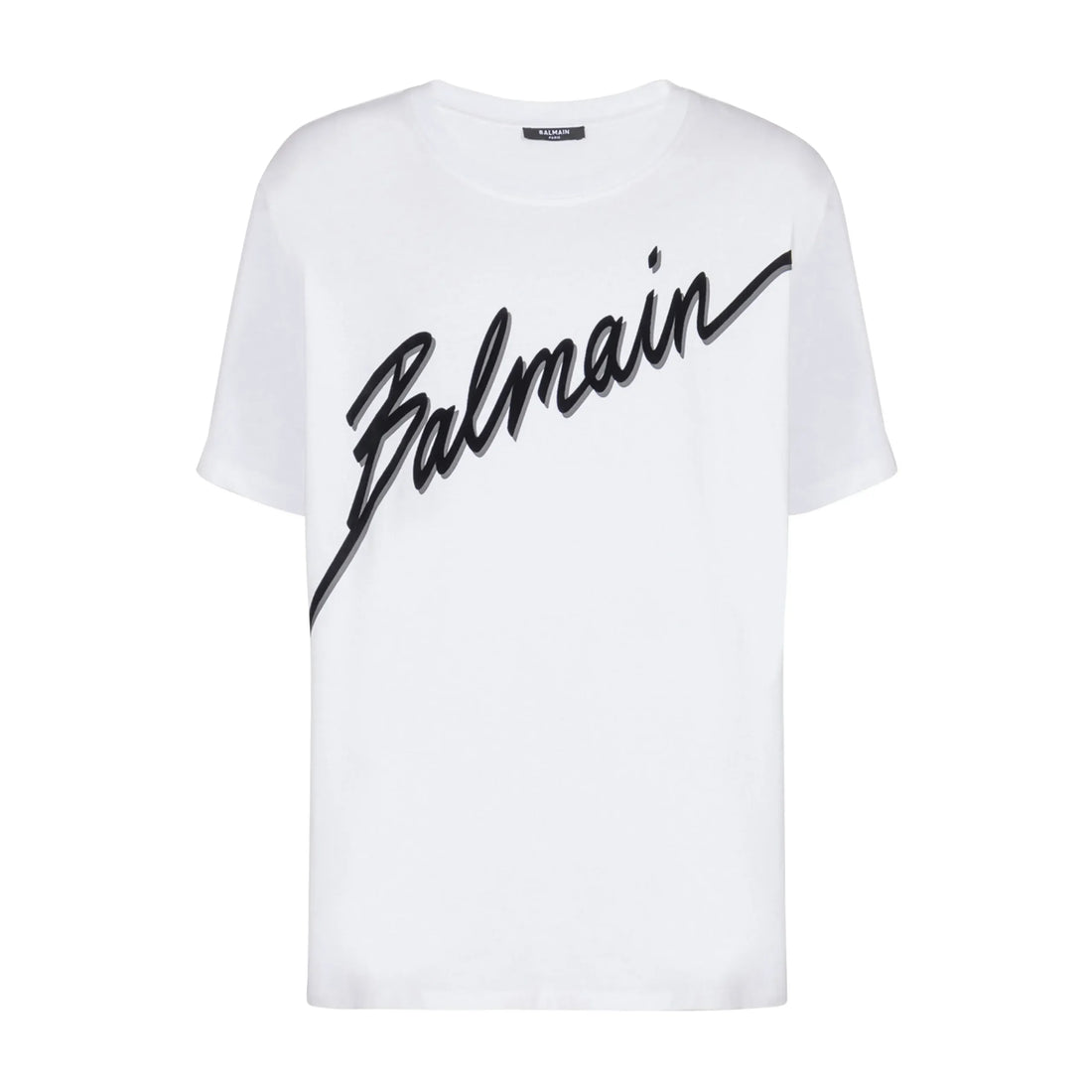 Balmain white cotton T-shirt featuring a bold logo print on the front, a crew neck, and short sleeves, available at Lestyle Boutique.