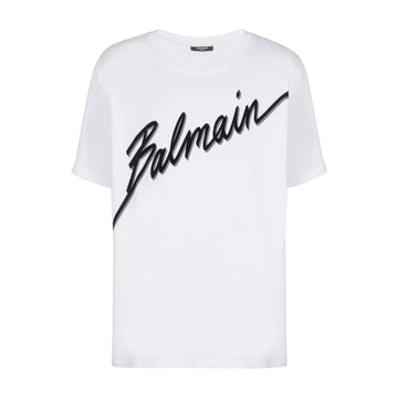 Balmain white cotton T-shirt featuring a bold logo print on the front, a crew neck, and short sleeves, available at Lestyle Boutique.