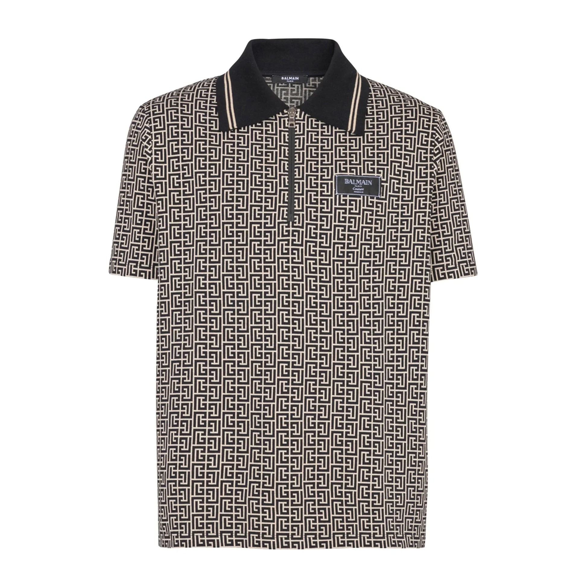Balmain Labyrinth Jacquard Polo Shirt in black with a refined patterned jacquard design and signature logo patch, available at Lestyle Boutique.