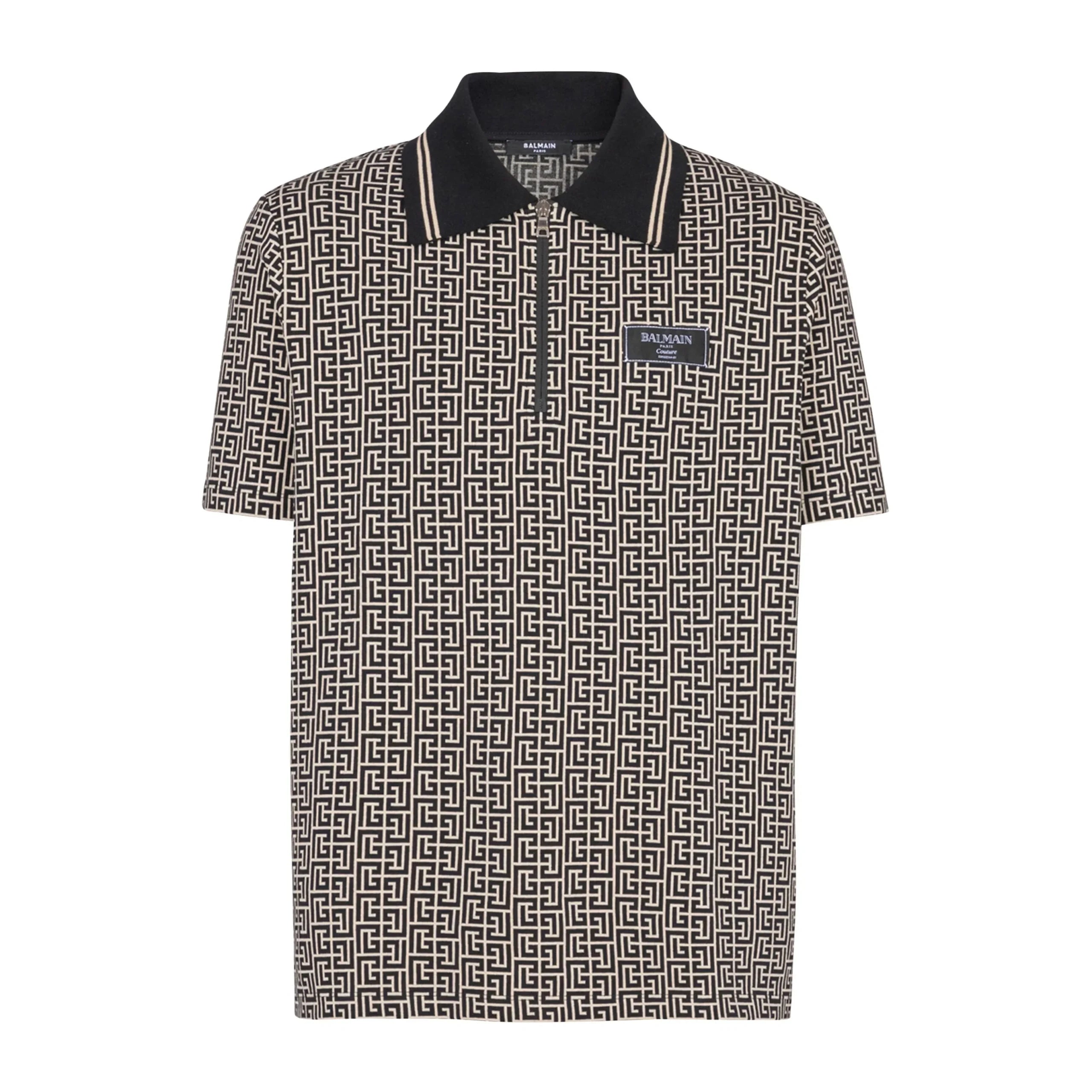 Balmain Labyrinth Jacquard Polo Shirt in black with a refined patterned jacquard design and signature logo patch, available at Lestyle Boutique.